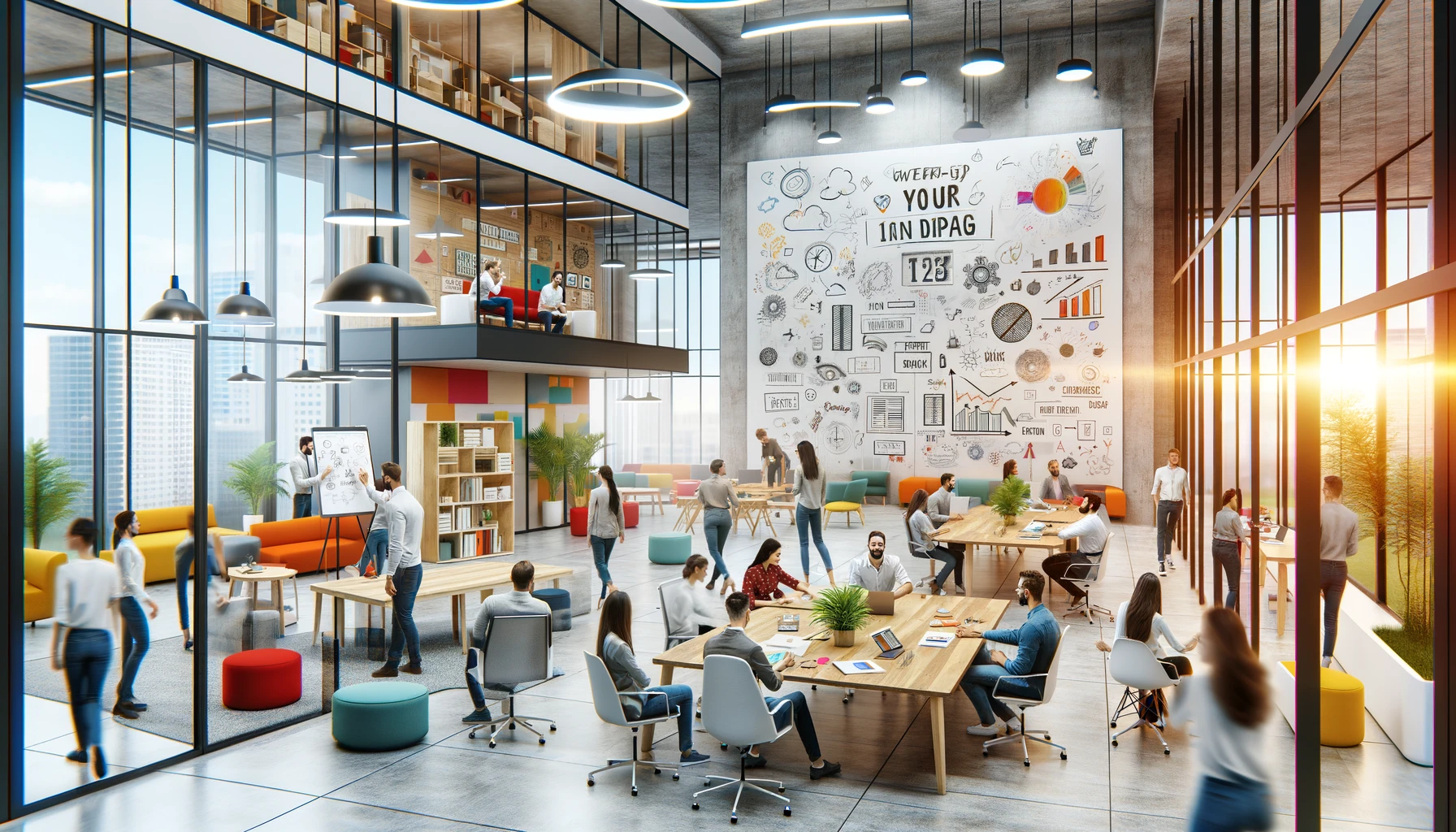 Imagem de um ambiente de escritório moderno onde os colaboradores estão colaborando, brainstorming e se engajando em atividades criativas. O espaço inclui áreas abertas, paredes coloridas, móveis modulares, quadros brancos com esboços e pessoas discutindo ideias com entusiasmo. A atmosfera é vibrante, energética e inovadora, refletindo um local de trabalho que promove a criatividade e a inovação.
