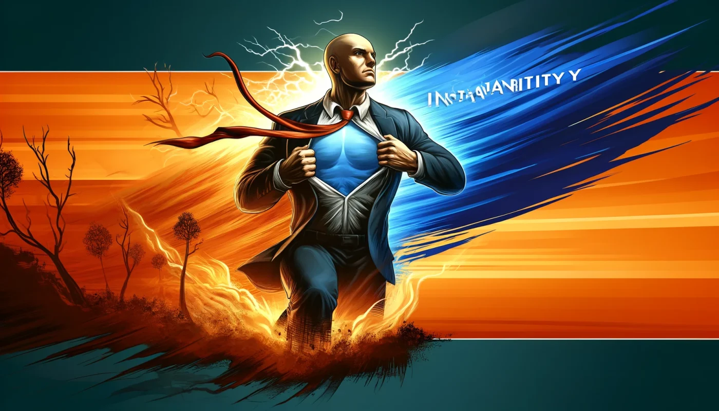 Ilustração dinâmica de um herói careca, simbolizando um empreendedor, em pose triunfante superando uma barreira abstrata que representa desafios nos negócios. Ele exibe uma expressão determinada. O fundo é energético, com elementos abstratos e cores vibrantes como azul e laranja, evocando mudança e dinamismo