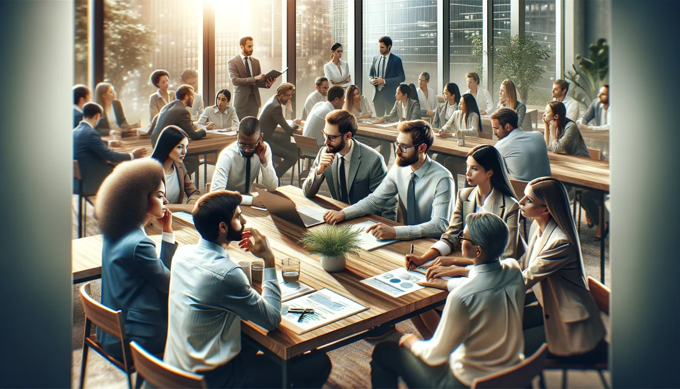 Banner retangular altamente realista para blog, mostrando um close-up de funcionários corporativos diversos engajados em uma reunião colaborativa. A imagem capta um momento de discussão intensa, focando em suas expressões de engajamento e trabalho em equipe em um ambiente de escritório moderno, vibrante e bem iluminado, destacando a comunicação e cooperação no cenário corporativo