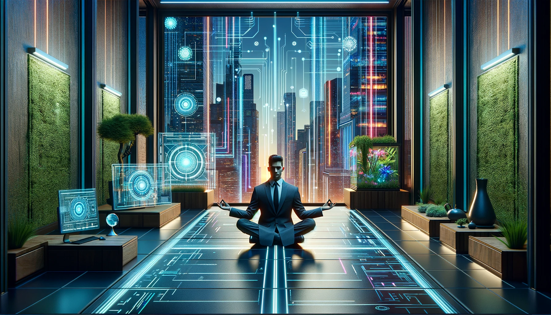 Pessoa em traje de negócios sentada em posição de meditação em um ambiente de escritório futurista com estética ciberpunk. O cenário inclui luzes neon, telas holográficas e uma paisagem urbana visível através de grandes janelas, combinados com elementos naturais como um pequeno jardim interno e uma fonte de água tranquila. A atmosfera geral combina eficiência corporativa moderna com um ambiente tecnológico futurista, transmitindo serenidade e foco.