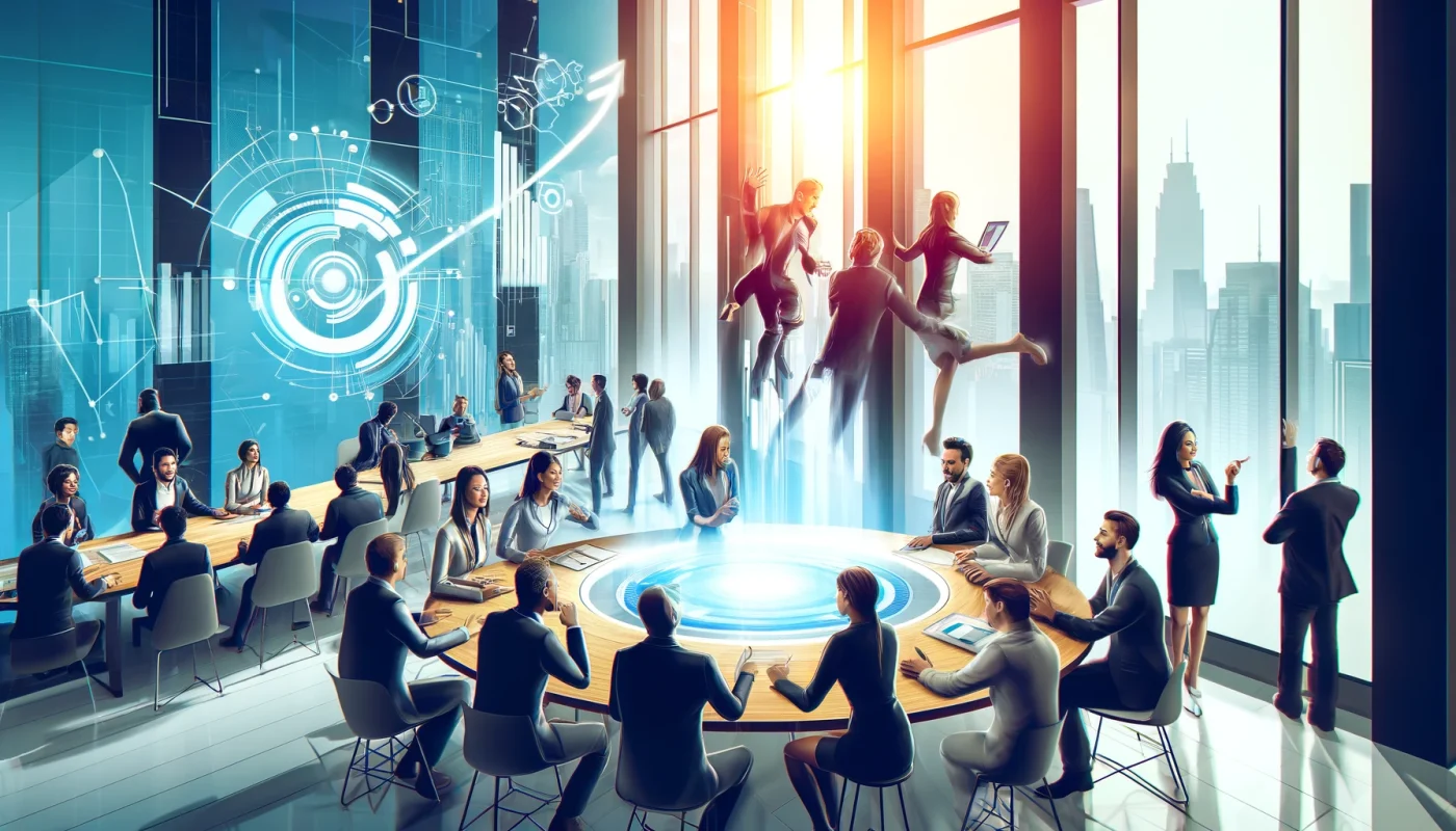 Banner de blog retangular dinâmico e profissional, apresentando um grupo diversificado de profissionais de vendas em um ambiente de escritório moderno. Eles estão engajados em uma reunião estratégica, exibindo trabalho em equipe e liderança. O ambiente é vibrante, com elementos que sugerem inovação e sucesso, como telas digitais exibindo gráficos e uma paisagem urbana visível através de grandes janelas.