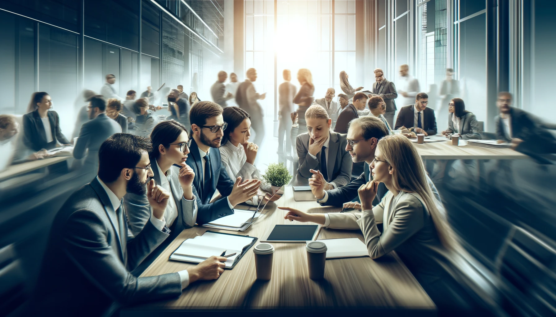 Banner de blog retangular altamente realista, apresentando uma cena dinâmica em close-up de um grupo diversificado de profissionais corporativos engajados em uma reunião de equipe estratégica. A imagem destaca a interação intensa entre os membros, que discutem ativamente e demonstram expressões de colaboração e liderança. O ambiente é um escritório moderno, brilhante e elegante, com elementos visíveis como displays digitais e mobiliário estiloso, enfatizando a interação pessoal e sincera entre os membros da equipe