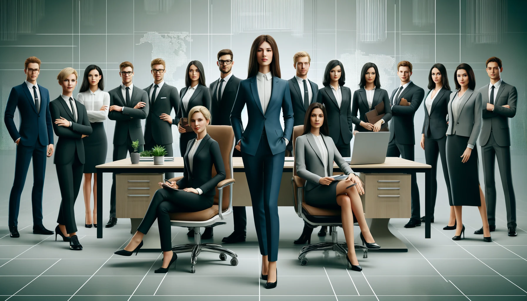 arte digital no estilo corporativo, apresentando uma equipe diversa de profissionais bem-sucedidos em um ambiente de escritório moderno. A arte é elegante e profissional, com uma mistura de elementos 3D e 2D, em tons sóbrios e com um design minimalista. Espero que atenda às suas expectativas!