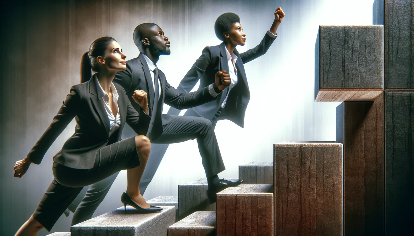 Na imagem, você pode ver uma mulher e um homem, ambos em trajes formais, subindo degraus simbólicos. Eles estão retratados de perto, com expressões determinadas e motivadas, em um ambiente que sugere sutilmente o mundo corporativo.