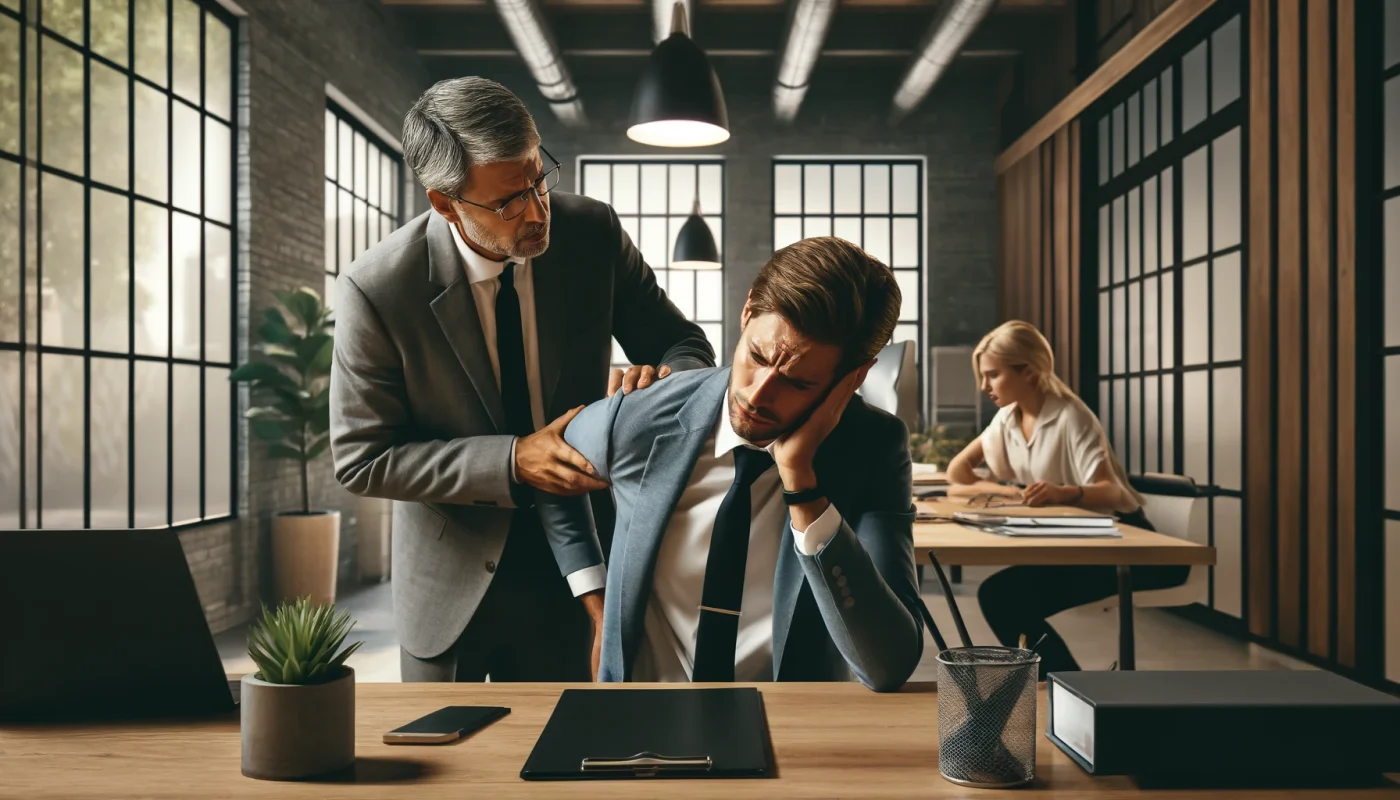 Uma cena realista e cinematográfica mostrando um profissional em um escritório moderno sendo informado por um gerente ou representante de RH que ele precisa tirar uma licença devido a dores crônicas. O profissional parece angustiado e com dor, segurando a região lombar ou a cabeça. O ambiente do escritório é contemporâneo, com elementos como mesas, computadores e decoração de escritório. A atmosfera transmite uma sensação de preocupação e urgência, destacando o impacto das dores crônicas na vida profissional.