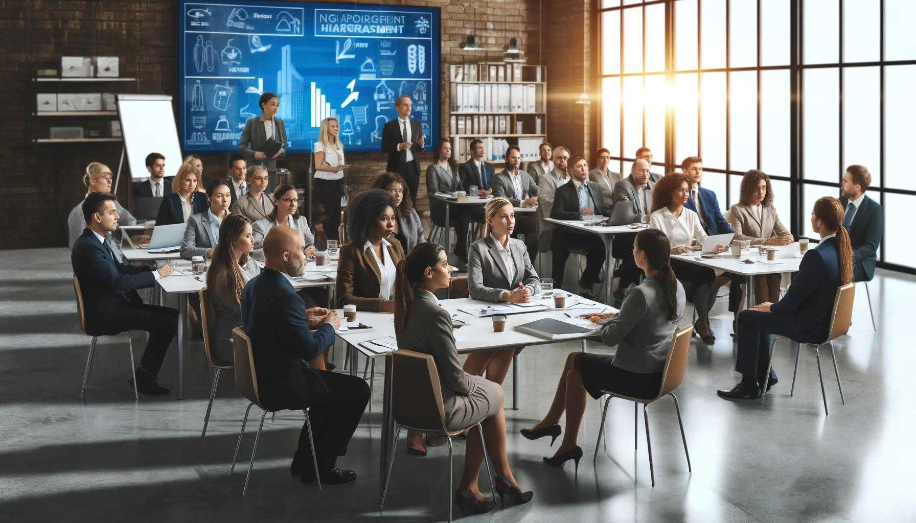 Imagem realista de um grupo diversificado de profissionais, incluindo mulheres e homens de várias etnias, participando ativamente de uma sessão de treinamento corporativo contra assédio. O cenário é um escritório moderno com recursos visuais relacionados ao treinamento. Os participantes aparecem engajados, empoderados e focados.