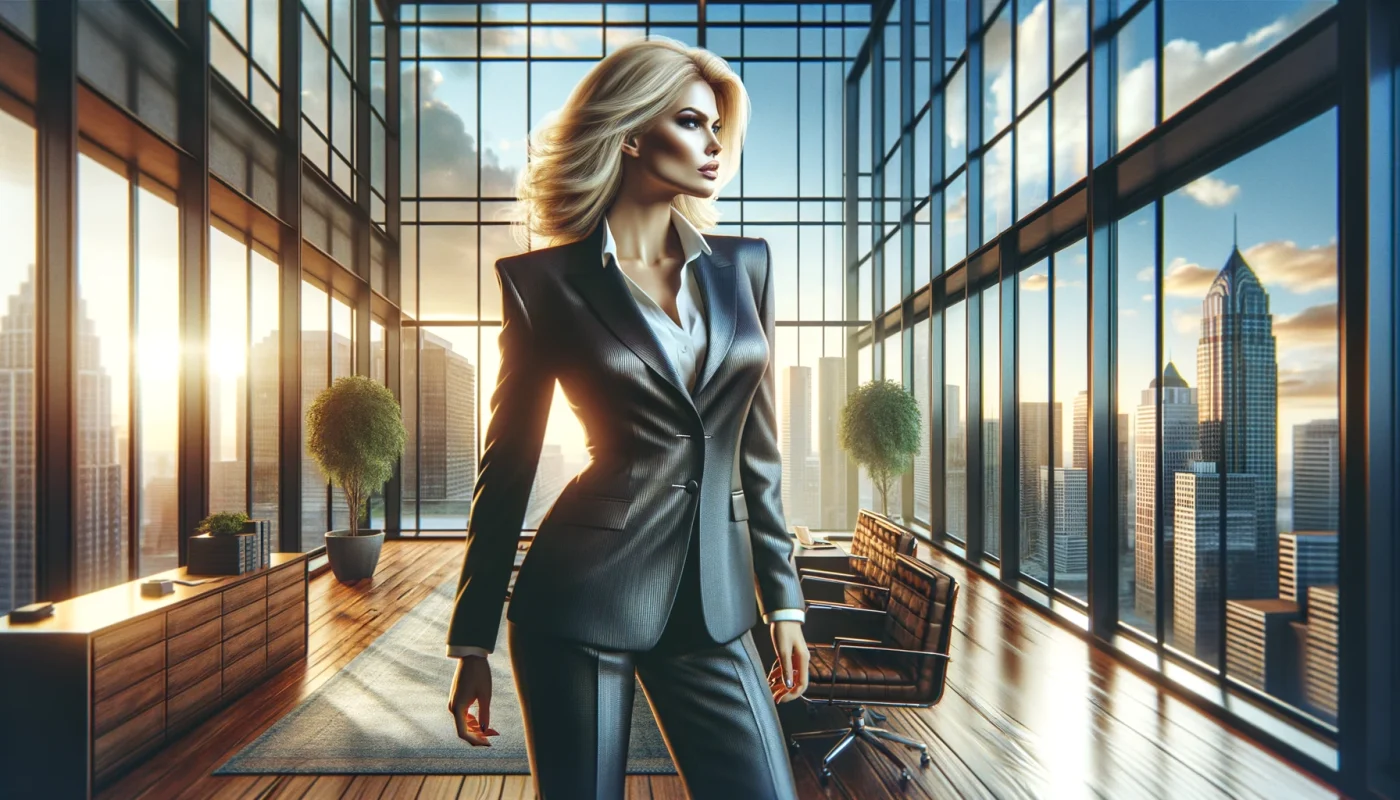 Banner de blog retangular altamente realista, mostrando uma mulher loira poderosa e resiliente em um ambiente corporativo moderno. Ela está em uma pose confiante, vestida com um traje de negócios elegante, exalando profissionalismo e força. O cenário apresenta uma janela ampla com vista para uma paisagem urbana, com um céu claro ou um nascer do sol ao fundo, simbolizando esperança e novos começos.
