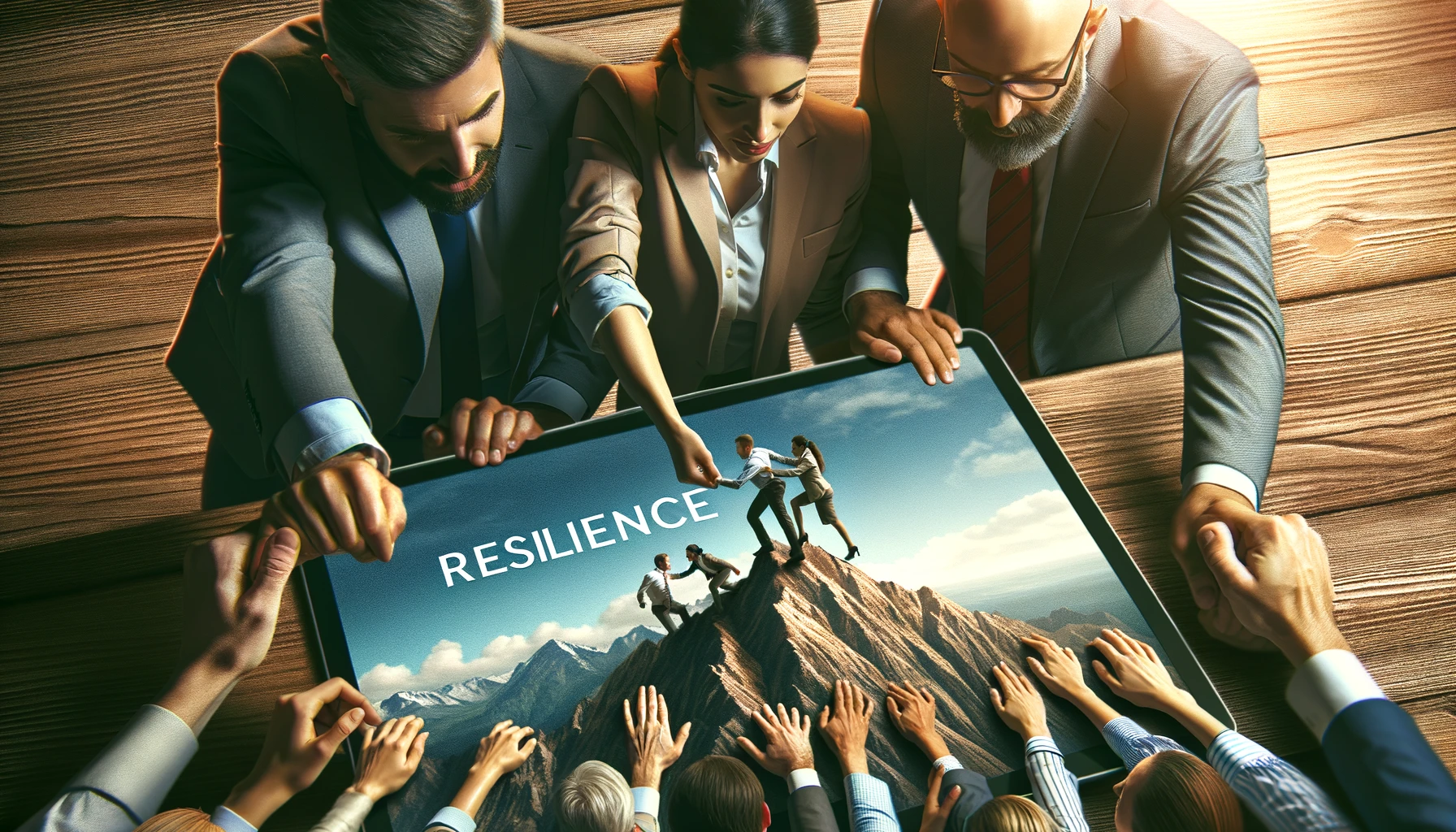 A imagem mostra um grupo diversificado de profissionais ajudando uns aos outros a escalar uma montanha íngreme. Eles estão vestidos em trajes de negócios casuais, com expressões de determinação e trabalho em equipe. O foco está nos rostos e no apoio mútuo que estão fornecendo, simbolizando a resiliência. A cena está ampliada para capturar suas expressões faciais e a colaboração próxima na superação desse desafio. Ao fundo, é visível o pico da montanha ao qual estão aspirando, representando seus objetivos.