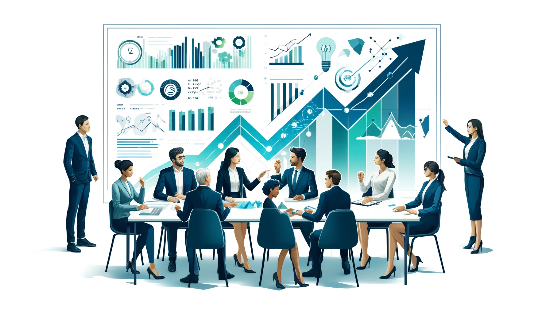 A imagem mostra um grupo diversificado de profissionais de negócios (asiático, caucasiano, afrodescendente e hispânico) engajados em uma reunião estratégica ao redor de uma mesa. Eles estão apontando e discutindo sobre gráficos e setas ascendentes que simbolizam o crescimento do negócio, evidentes no fundo. O esquema de cores inclui tons de azul, verde e branco, transmitindo uma atmosfera moderna e dinâmica.