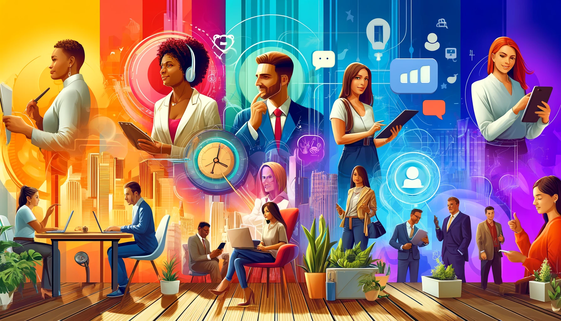 A imagem apresenta uma cena vibrante e inspiradora com um grupo diversificado de profissionais engajados em atividades de branding pessoal. Uma jovem mulher conduz um webinar ao vivo de seu escritório moderno em casa, enquanto um homem participa de um evento de networking movimentado. Outro indivíduo é visto revisando sua marca pessoal em um tablet digital. Cada personagem exibe uma expressão confiante e focada, representando diferentes etnias. O fundo inclui elementos de uma paisagem urbana, entrelaçados com ícones abstratos de redes sociais, comunicação e crescimento pessoal. As cores são brilhantes e energéticas, sublinhando a motivação e o sucesso.