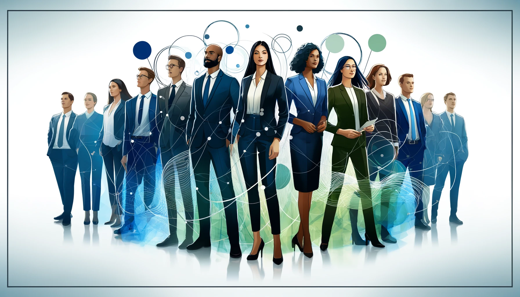 A imagem mostra um grupo diversificado de líderes empresariais (asiático, caucasiano, afrodescendente e hispânico) de pé, juntos e com posturas confiantes, simbolizando unidade e liderança inspiradora. O fundo apresenta elementos abstratos que sugerem harmonia e alinhamento, como círculos interconectados e camadas transparentes sobrepostas em tons de azul e verde, representando a integração entre valores pessoais e organizacionais.