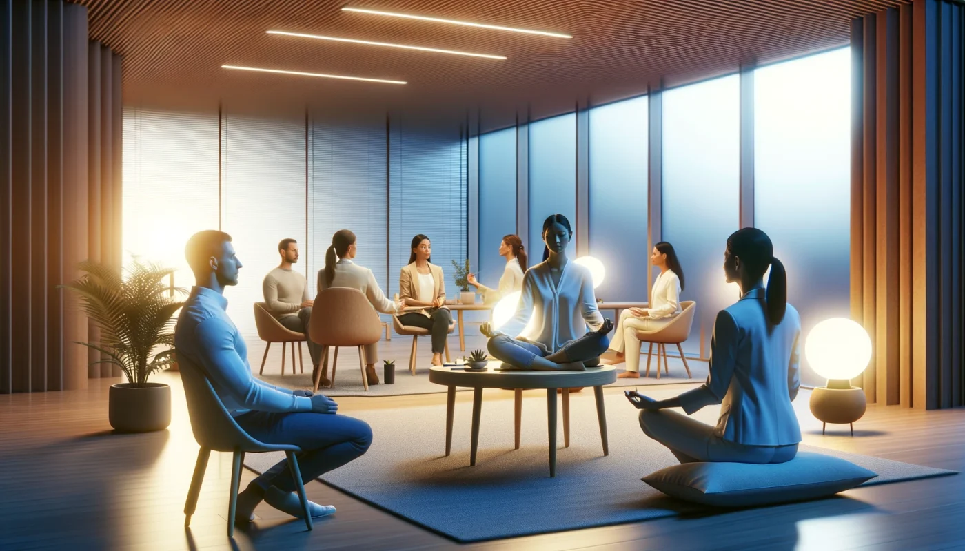Imagem de um ambiente sereno e profissional onde indivíduos estão engajados em práticas para desenvolver a inteligência emocional. Pessoas estão meditando, discutindo emoções e praticando empatia. O ambiente é calmo e acolhedor, com iluminação suave, assentos confortáveis e uma sensação de foco e introspecção, propício para o crescimento e maturidade emocional.