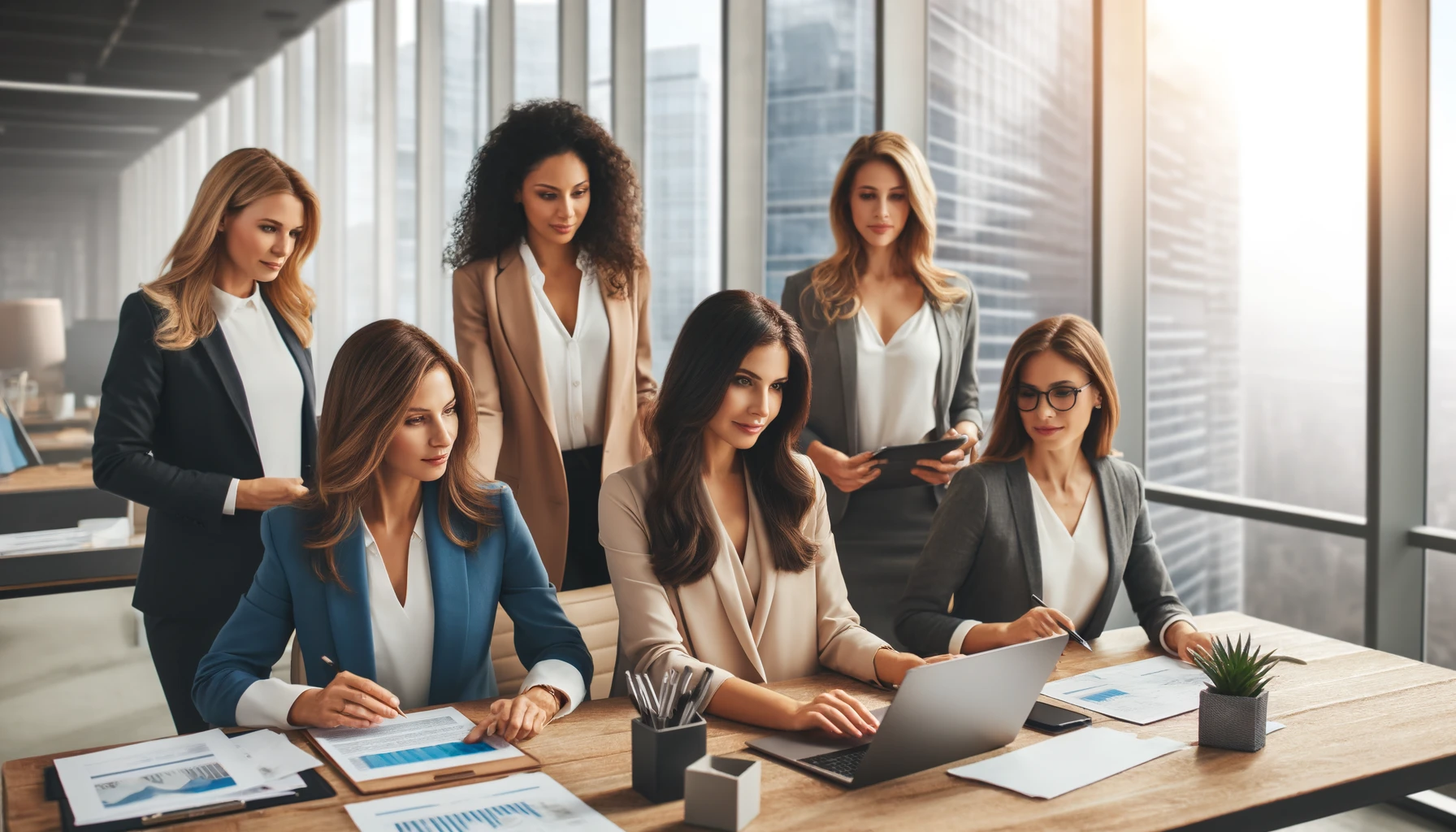 Mulheres empreendedoras diversas colaborando em um escritório moderno e vibrante, com grandes janelas e vista da cidade ao fundo, simbolizando sucesso e empoderamento feminino no ambiente corporativo.