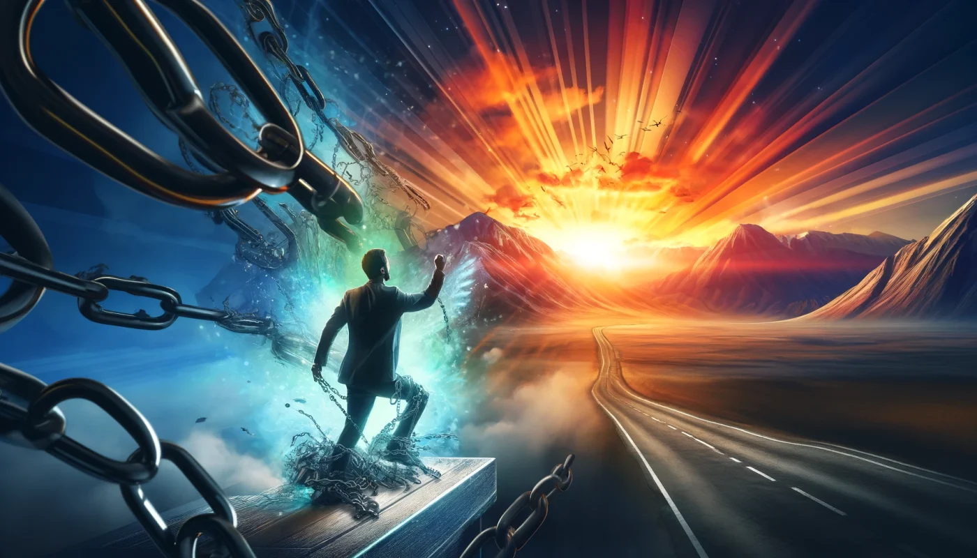 Uma imagem dinâmica e impactante mostrando uma pessoa quebrando correntes, simbolizando a saída da zona de conforto. Ao fundo, há uma paisagem vibrante representando novas oportunidades e crescimento. A imagem transmite uma sensação de empoderamento, coragem e potencial para o sucesso, com elementos como um pôr do sol, uma estrada aberta e um pico de montanha, significando a jornada rumo a novas oportunidades em vendas e desenvolvimento pessoal.