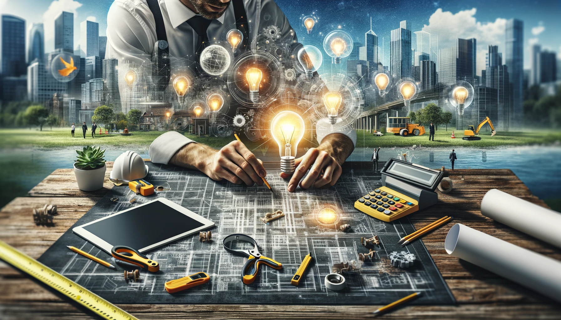Close-up de um profissional em um canteiro de obras, rodeado por ferramentas de construção, plantas arquitetônicas, lâmpadas simbolizando ideias e dispositivos tecnológicos como tablets e headsets de realidade virtual. Ao fundo, um horizonte de cidade e elementos da natureza, representando a fusão de diferentes campos. A imagem é altamente realista e inspira criatividade e inovação