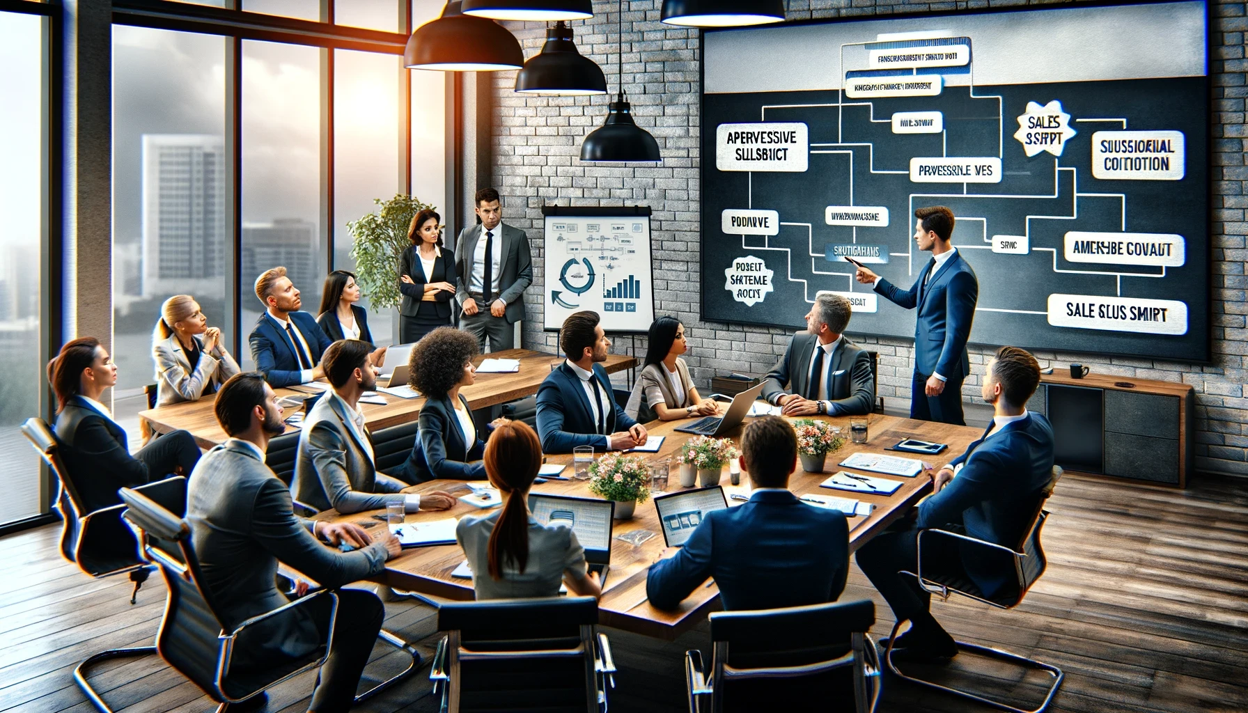 Um ambiente de escritório dinâmico retratando uma oficina persuasiva de vendas. A cena mostra um grupo diversificado de profissionais reunidos em torno de uma mesa de conferência, focados em uma apresentação. Um treinador de vendas confiante está de pé, apontando para um fluxograma genérico em uma grande tela, articulando pontos-chave. O escritório é bem iluminado e moderno, decorado com laptops e blocos de notas, enfatizando uma reunião colaborativa e enérgica. Esta imagem reflete uma sessão estratégica de vendas de alta energia, sem nenhum texto visível na tela.
