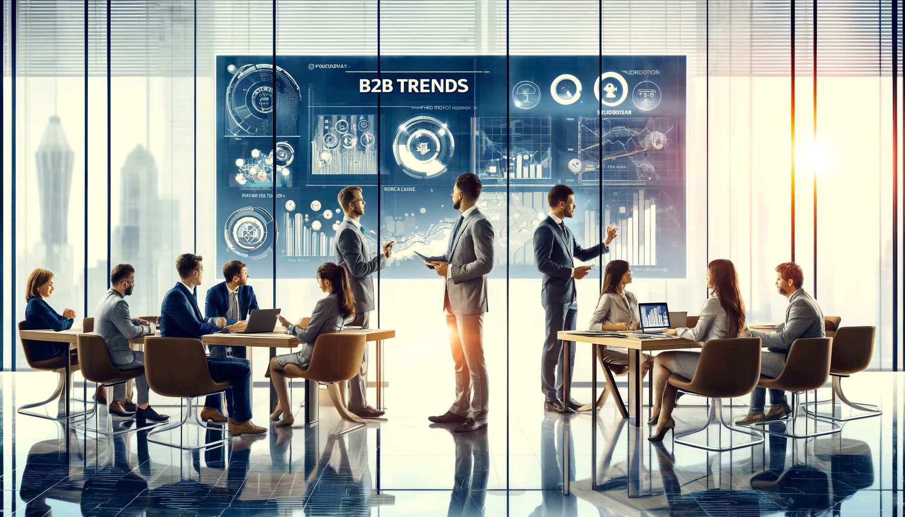 Profissionais de negócios em um escritório moderno discutindo dados e estratégias com gráficos e tabelas exibidos em grandes telas, simbolizando inovação e preparação para as tendências futuras em vendas B2B.