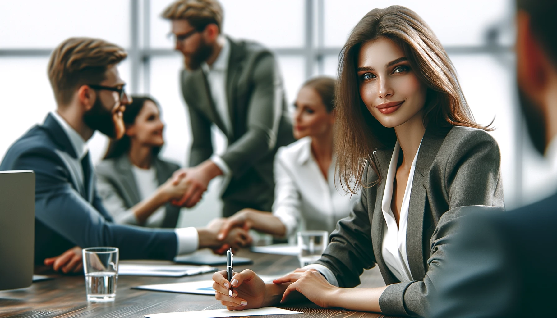 Foto em close de um ambiente corporativo, mostrando uma mulher liderando uma reunião de negócios com confiança em uma mesa de conferência, um homem discutindo estratégias com sua equipe em um espaço colaborativo e profissionais de negócios apertando as mãos após um acordo bem-sucedido. A imagem captura expressões e interações, transmitindo um senso de profissionalismo e motivação, com representações realistas de pessoas e ambientes de escritório.