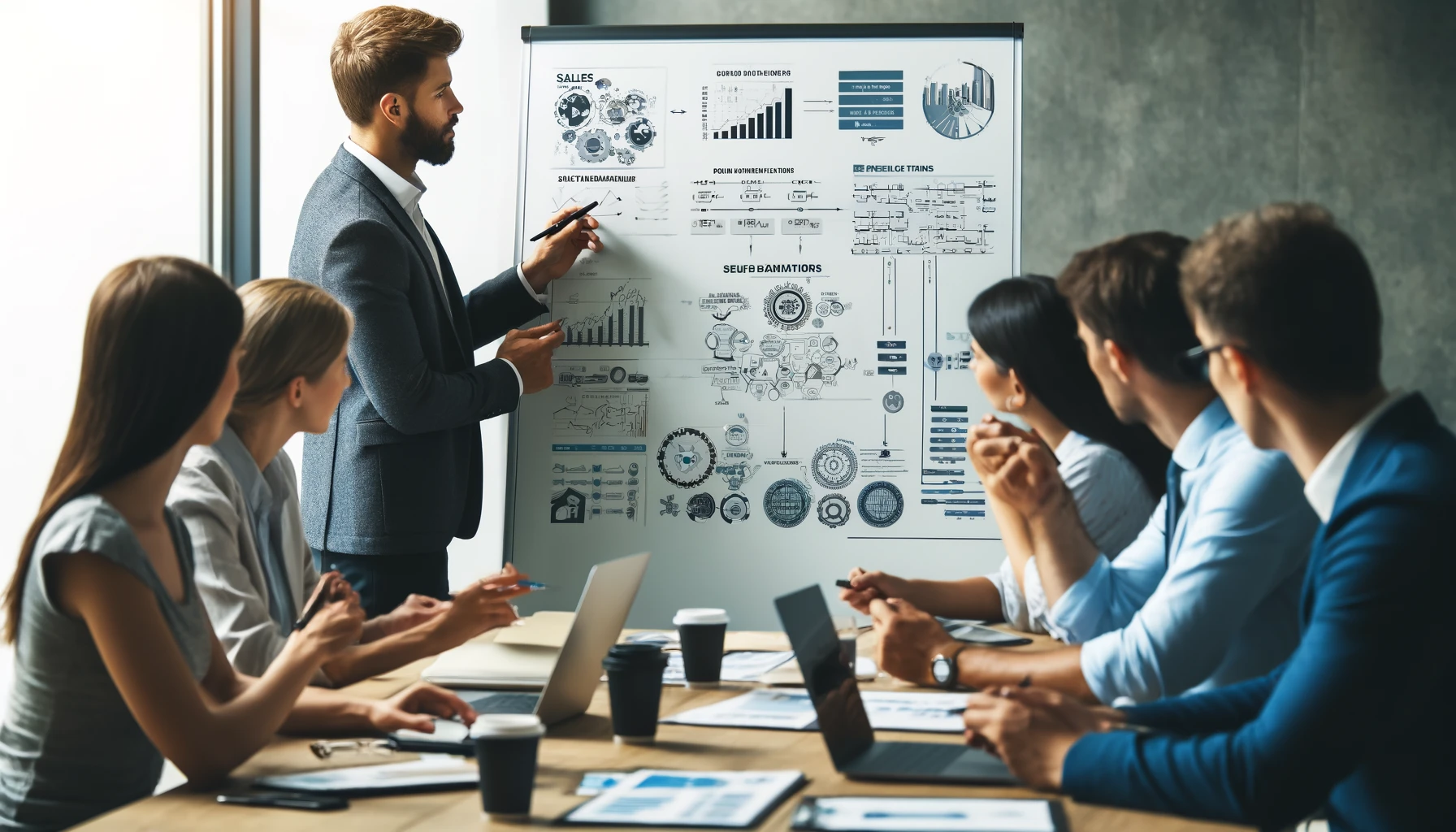 Close-up de uma equipe profissional em um ambiente moderno de escritório, focada em um quadro branco com diagramas detalhados e gráficos mostrando diferentes estratégias de vendas. Os membros da equipe estão engajados na discussão, com expressões visíveis de concentração e colaboração. O escritório está equipado com laptops, cadernos e xícaras de café, indicando uma sessão produtiva de brainstorming