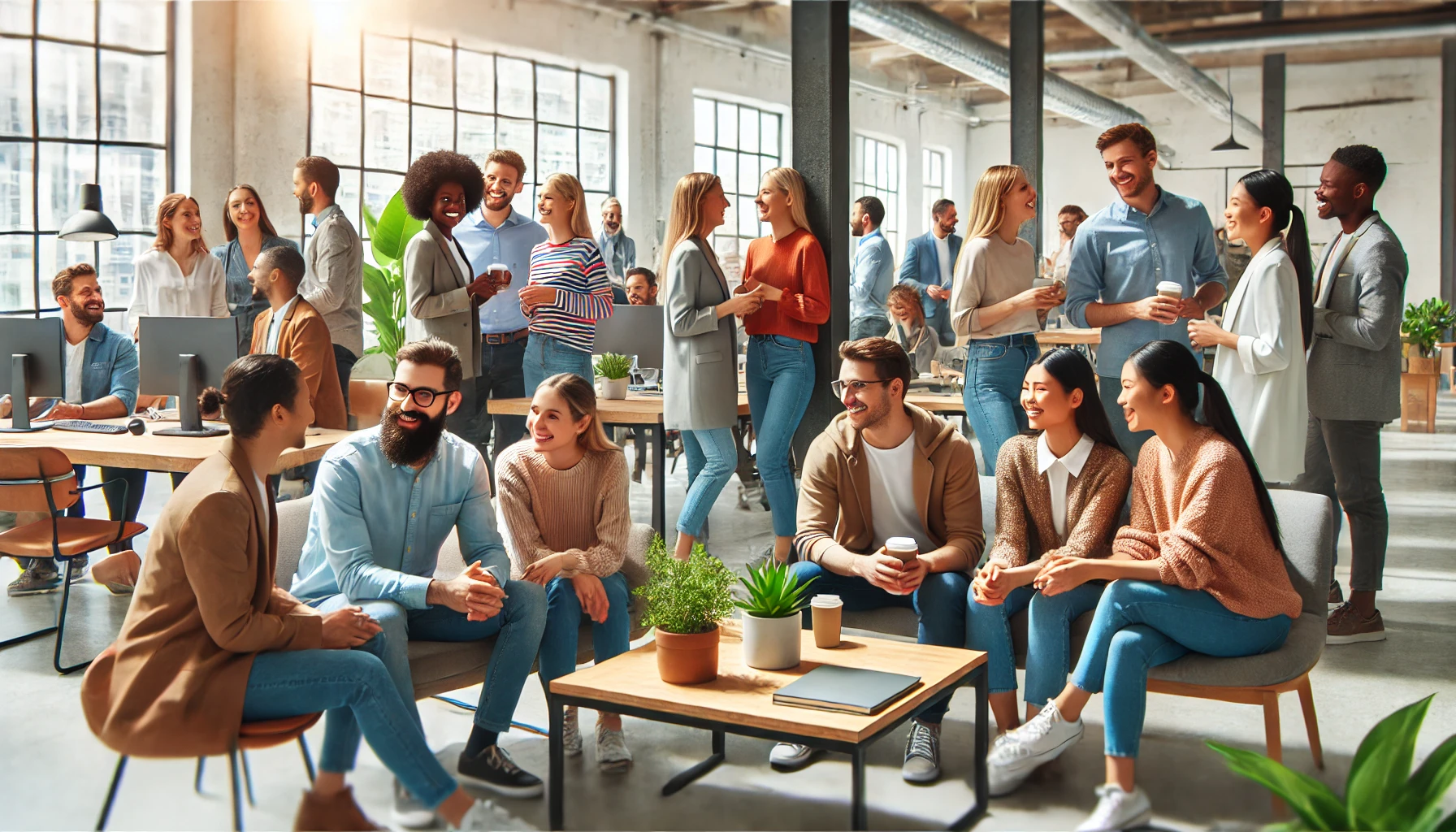 Uma equipe diversificada de funcionários em um ambiente de escritório moderno, engajados em interações amigáveis e colaboração. O espaço é claro e acolhedor, com áreas abertas, plantas e luz natural. Os funcionários estão sorrindo, compartilhando ideias e trabalhando juntos harmoniosamente, refletindo uma cultura de gentileza e trabalho em equipe.