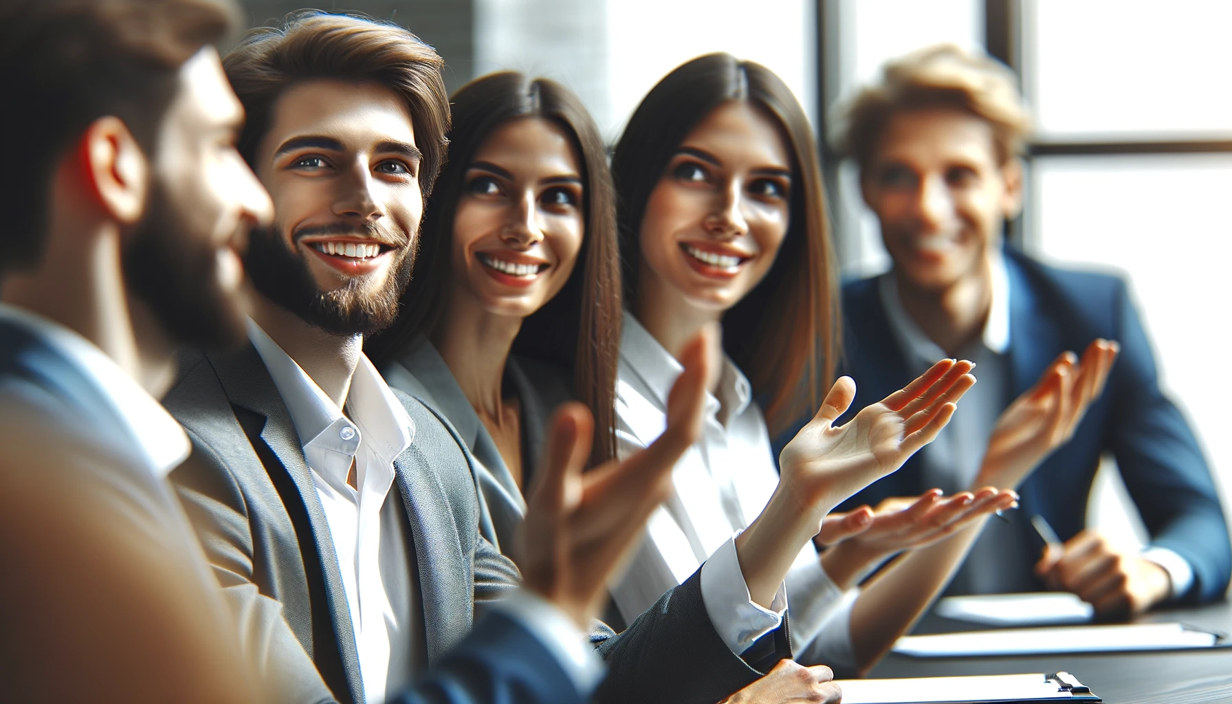 A imagem mostra um close-up de um ambiente corporativo profissional com funcionários diversos engajados em uma comunicação ativa. No centro, dois colegas estão conversando de maneira animada e positiva, utilizando gestos com as mãos e sorrisos. A expressão facial deles transmite empatia e assertividade. Ao fundo, outros funcionários estão em um ambiente de reunião, com laptops, notebooks e um quadro branco com anotações e gráficos. A atmosfera é produtiva e colaborativa, destacando a importância da comunicação assertiva e do trabalho em equipe no ambiente corporativo. Grandes janelas deixam entrar luz natural, criando um ambiente acolhedor e energizante.
