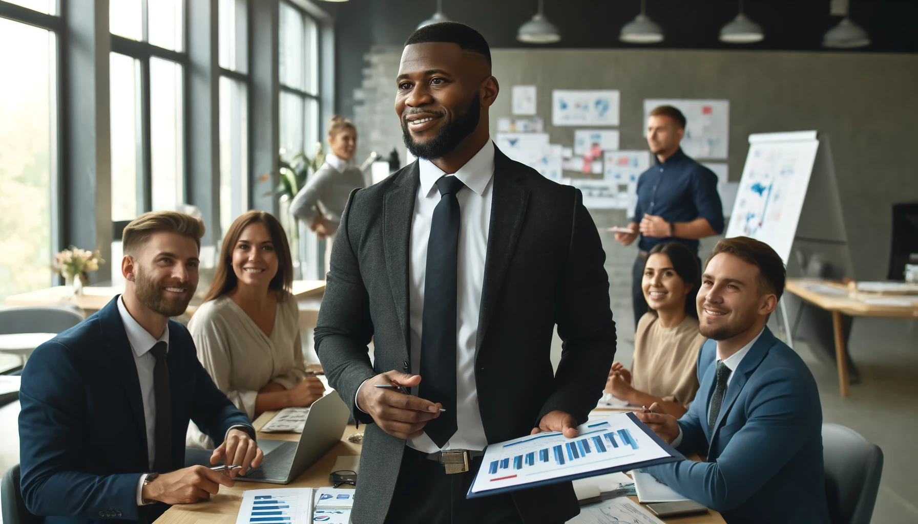 Um líder empresarial, um homem negro com cerca de 38 anos, um pouco acima do peso e com o cabelo raspado apenas nas laterais, lidera pelo exemplo em um ambiente de escritório moderno. Ele trabalha ao lado de sua equipe, engajando-se ativamente em tarefas, discutindo estratégias e motivando os colegas. A atmosfera é profissional e colaborativa, com pessoas sorrindo e aparentando estar motivadas. O fundo inclui elementos de escritório como mesas, computadores e quadros de brainstorming