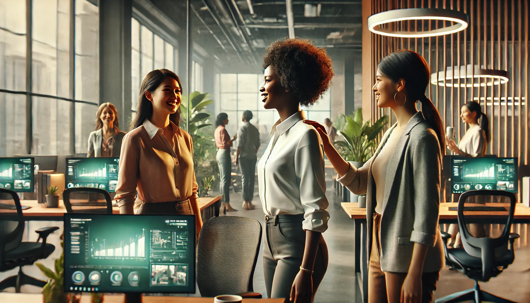 Cena cinematográfica em close-up de um ambiente de trabalho moderno, vibrante e diverso, destacando mulheres negras e outras mulheres interagindo de maneira positiva.