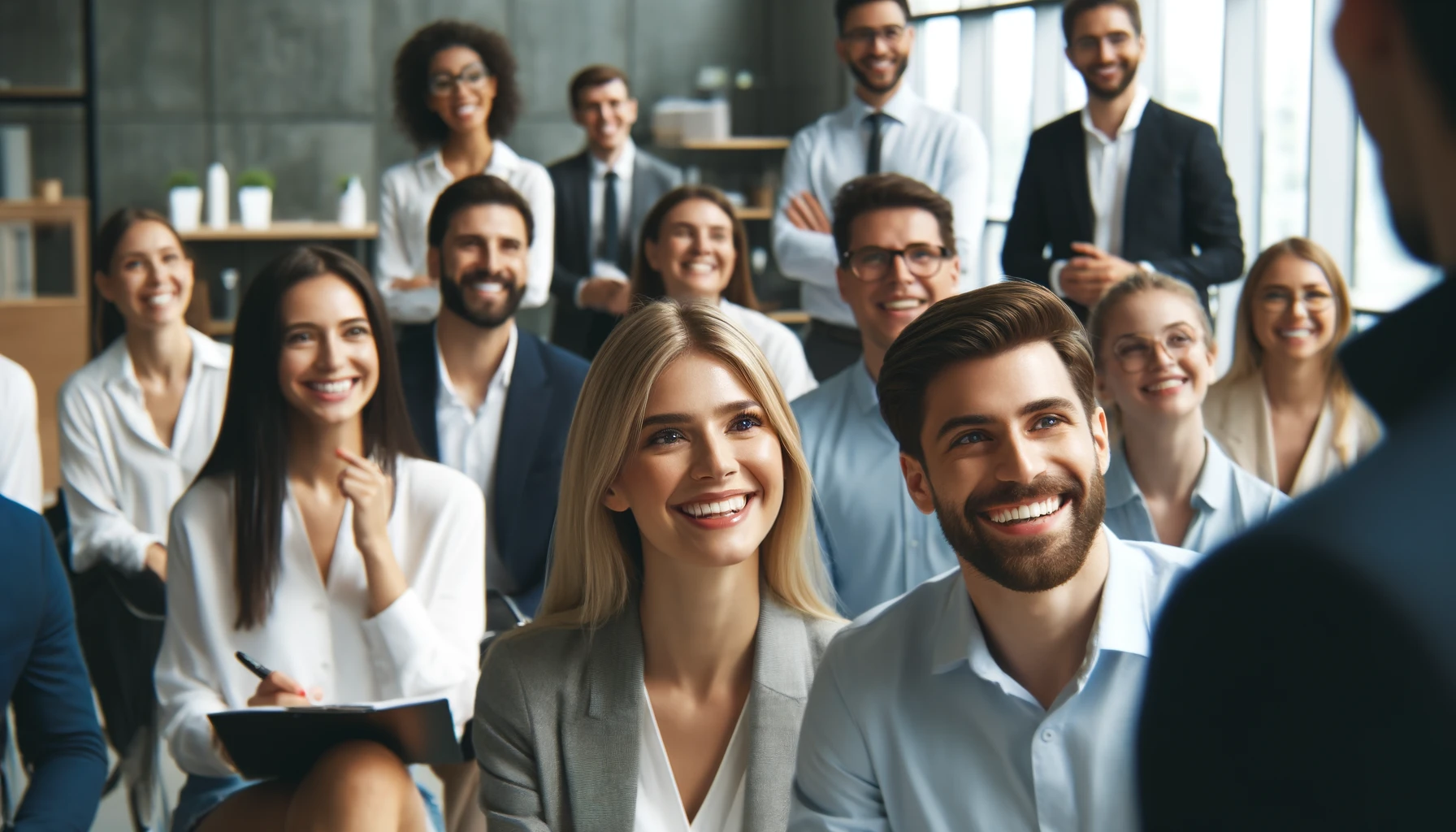 Uma vista aproximada de uma reunião motivacional em um ambiente corporativo, focando em um grupo diverso de funcionários com sorrisos bonitos. A cena mostra um líder carismático falando para a equipe, com os funcionários engajados, sorrindo amplamente e participando ativamente. O fundo do escritório moderno está ligeiramente desfocado para enfatizar as pessoas. As expressões em seus rostos refletem motivação, entusiasmo e positividade, com alguns tomando notas e outros interagindo alegremente.