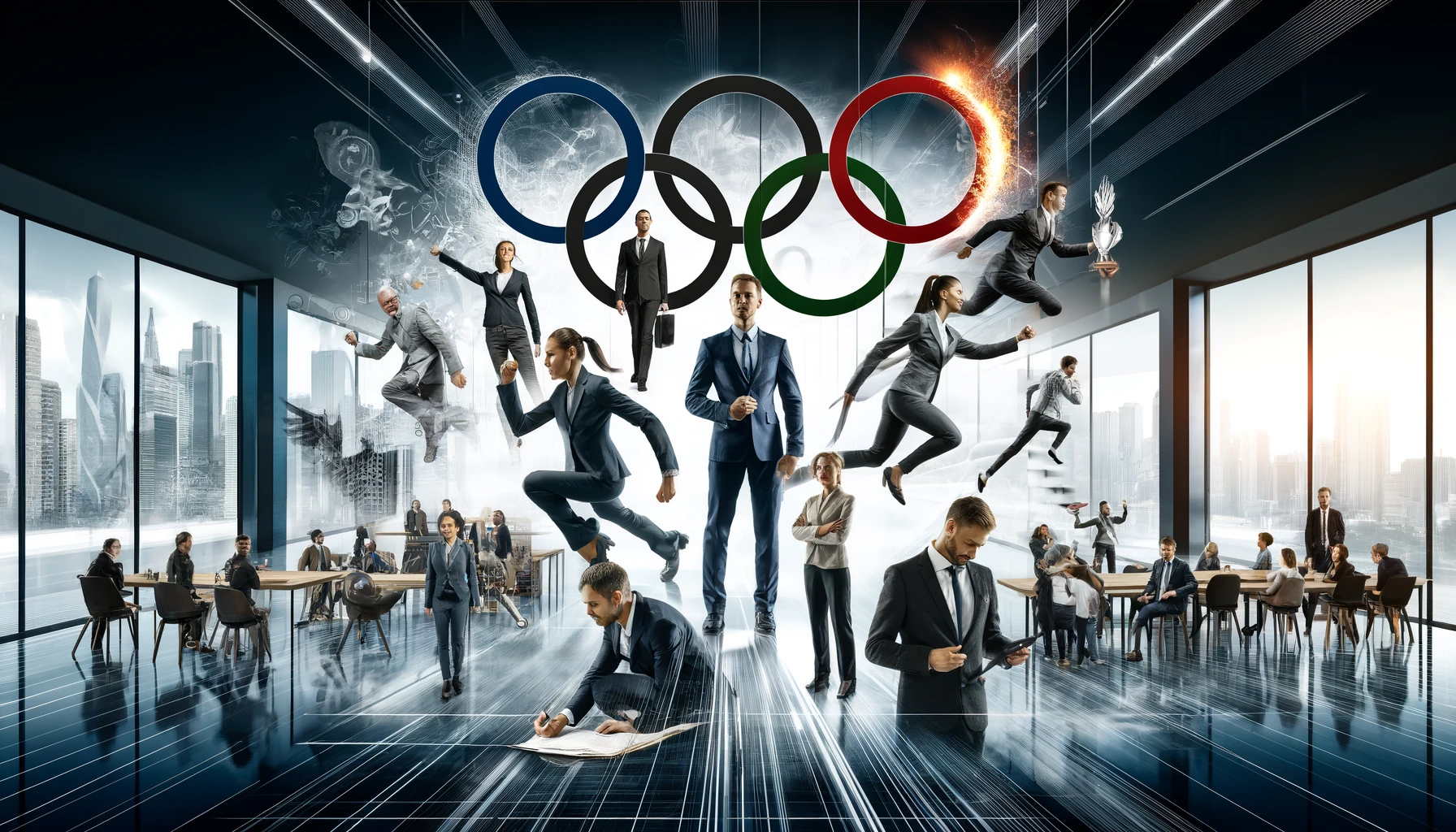 Imagem corporativa dinâmica representando o conceito de liderança como um esporte olímpico. A imagem mostra profissionais de negócios diversos em trajes corporativos, engajados em atividades como negociação, planejamento estratégico e discursos públicos. O ambiente é moderno, com elementos como uma sala de reuniões e um pódio, transmitindo uma sensação de ação, determinação, ambição e sucesso.