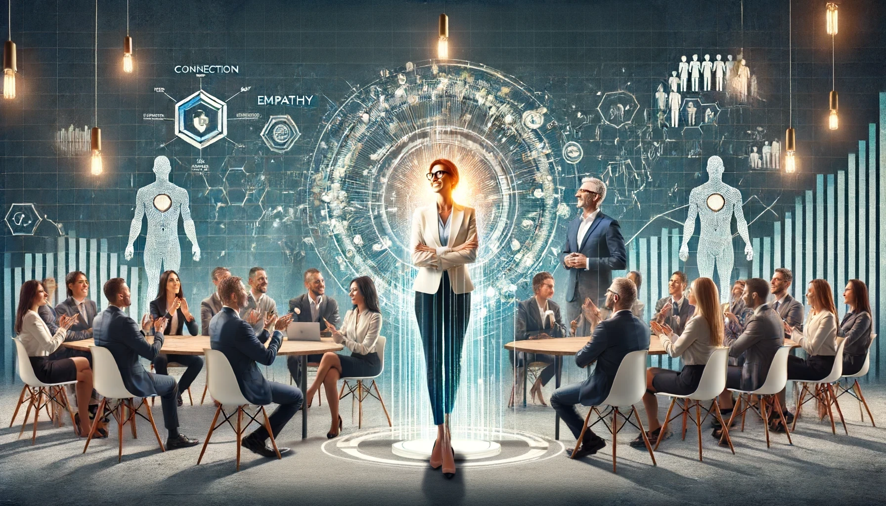 A imagem mostra uma cena dinâmica e inspiradora em um ambiente corporativo moderno, onde líderes diversos estão engajados em um ambiente colaborativo e empático. Uma figura central guia e interage com o grupo, enfatizando a conexão, a empatia e a inovação. Elementos como gráficos, trabalho em equipe e um fundo que representa crescimento e transformação estão presentes, criando uma representação vívida da humanização da liderança na prática.
