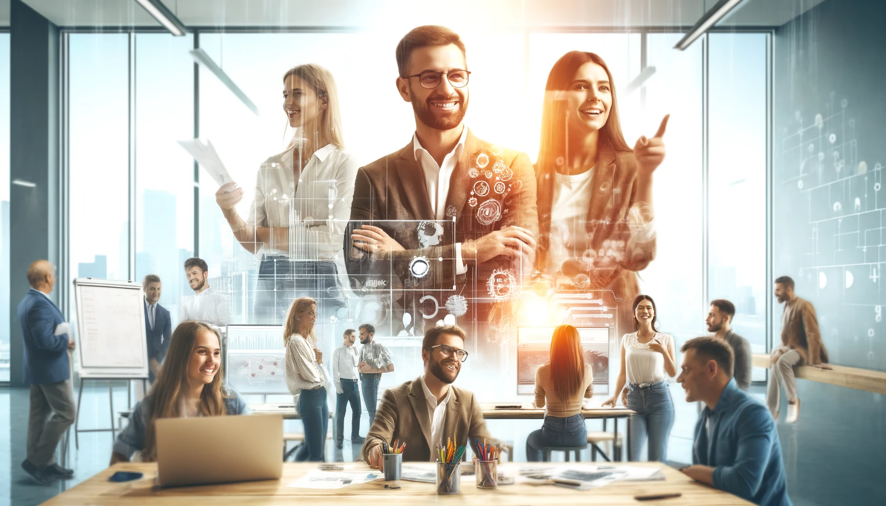 Imagem retangular ilustrando o conceito de felicidade corporativa e o papel da liderança na criação de um ambiente de trabalho positivo. A imagem mostra um grupo diversificado de funcionários felizes trabalhando juntos em um escritório moderno e iluminado. Ao fundo, um líder confiante interage com a equipe, enfatizando colaboração e comunicação. O ambiente é animado e positivo, com elementos que sugerem produtividade e inovação, como computadores, quadros brancos e designs de espaço de trabalho criativos.