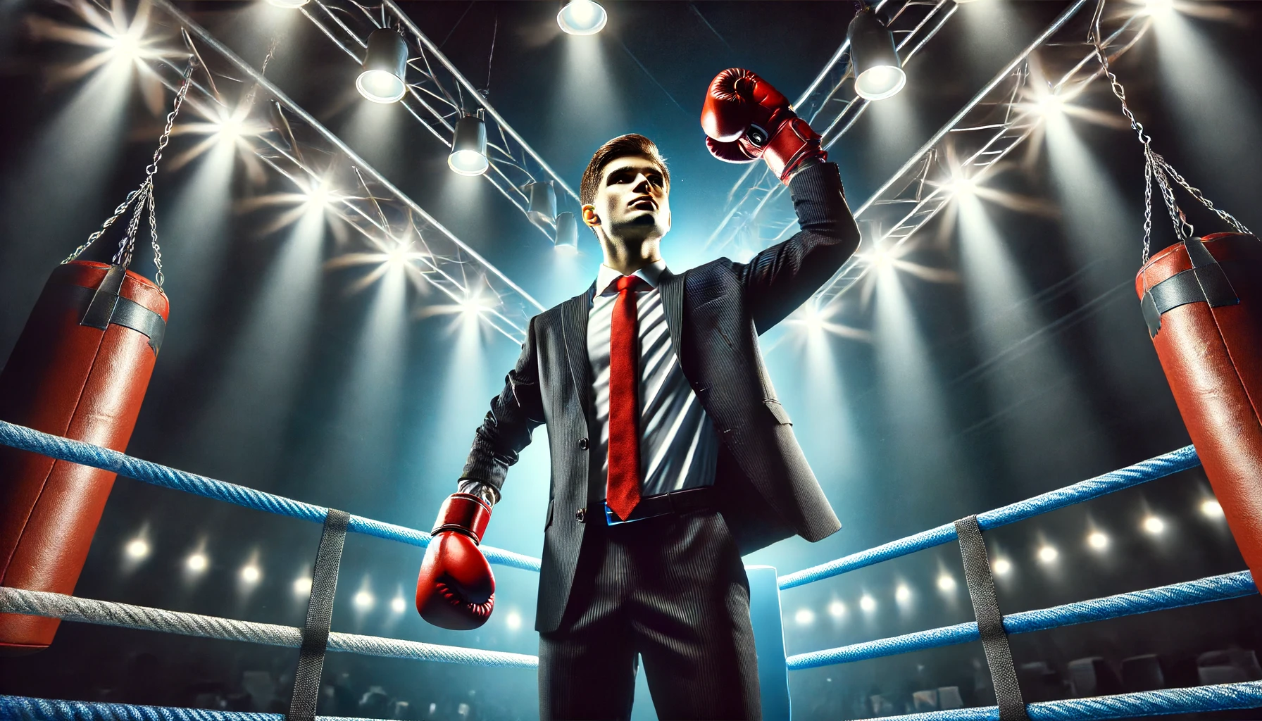 Um vendedor determinado, vestido com um traje executivo e luvas de boxe, triunfante em um ringue de boxe após vencer uma luta. A cena é enérgica, com holofotes destacando o momento de vitória. A expressão do vendedor é de resiliência e triunfo, inspirada nas icônicas cenas de luta de Rocky Balboa.