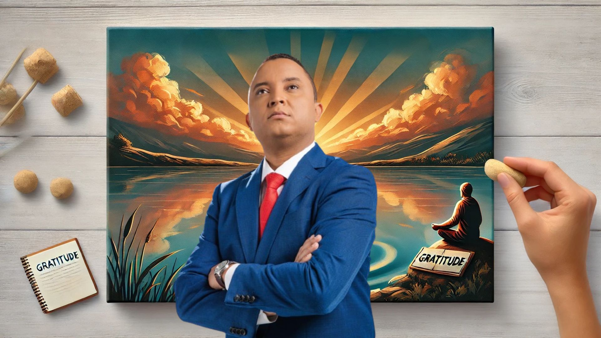 Ilustração de um lago sereno com uma pedra criando ondulações, simbolizando o efeito de pequenas ações. Ao fundo, um pôr do sol com cores quentes e inspiradoras, transmitindo esperança e novos começos. Uma pessoa meditando à beira do lago e um caderno, destacando o crescimento pessoal e a reflexão.