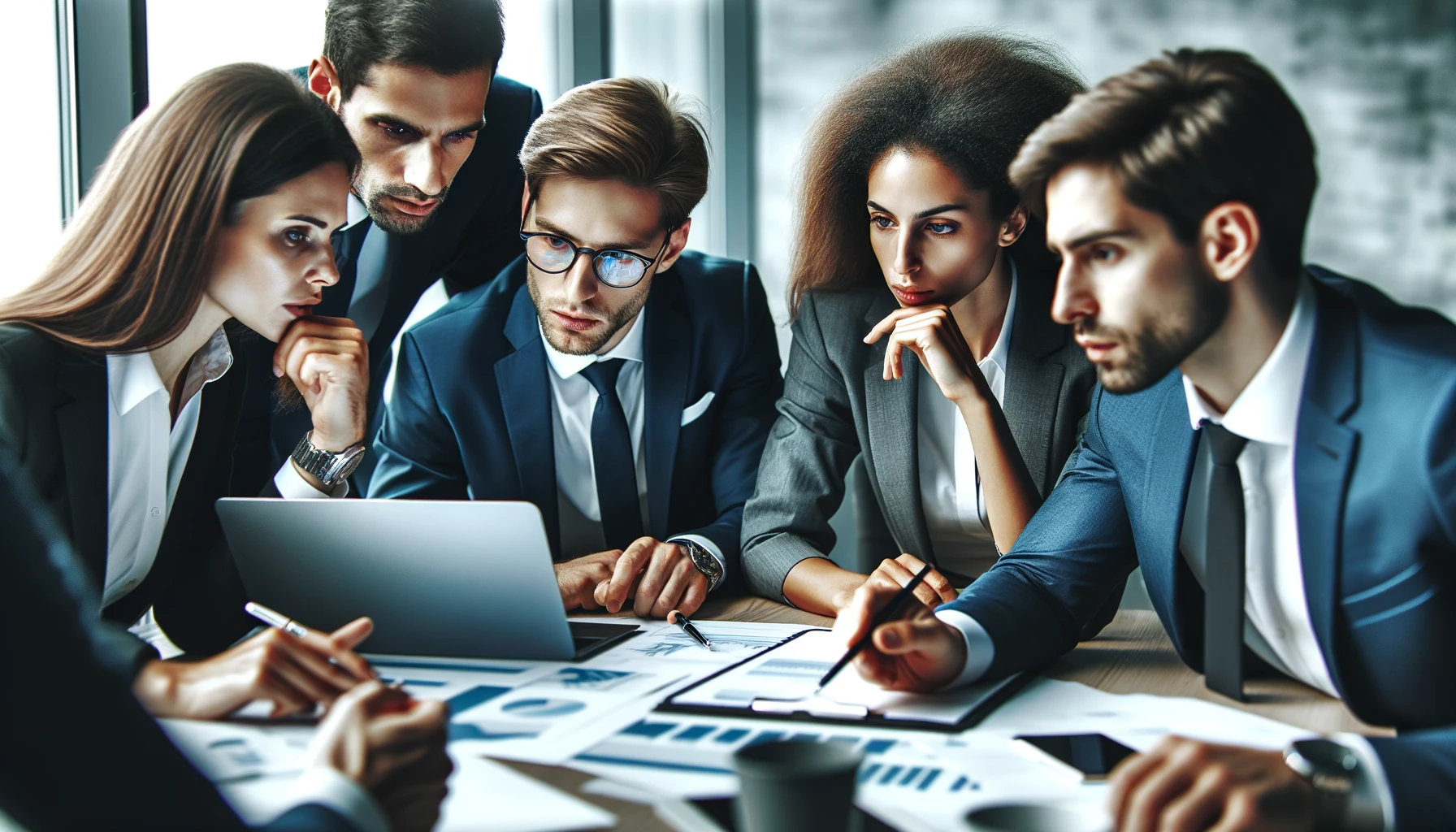 Imagem em close de impacto de profissionais de negócios diversos, profundamente engajados em uma sessão de planejamento estratégico. O grupo está reunido ao redor de uma mesa com laptops, documentos e quadros brancos, em uma discussão focada e intensa. As expressões em seus rostos mostram determinação e colaboração, destacando a importância do trabalho. O fundo de escritório moderno adiciona ao ambiente profissional, transmitindo um senso de trabalho em equipe e compromisso com o sucesso.
