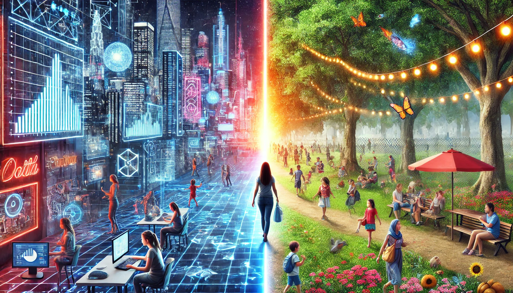Imagem dividida mostrando um lado com uma cidade futurista repleta de tecnologia, hologramas e luzes neon, e outro lado com um parque tranquilo onde pessoas de diversas idades interagem. No centro, uma mulher simbólica de Izabel Ribeiro caminha do lado tecnológico para o natural.