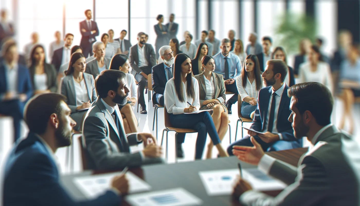 Imagem ultra-realista em close extremo ilustrando um seminário sobre 'Diversidade e Inclusão' em um ambiente corporativo. A cena inclui alguns profissionais participando ativamente de discussões. O foco está nas expressões dos participantes e na atmosfera de inclusão e colaboração