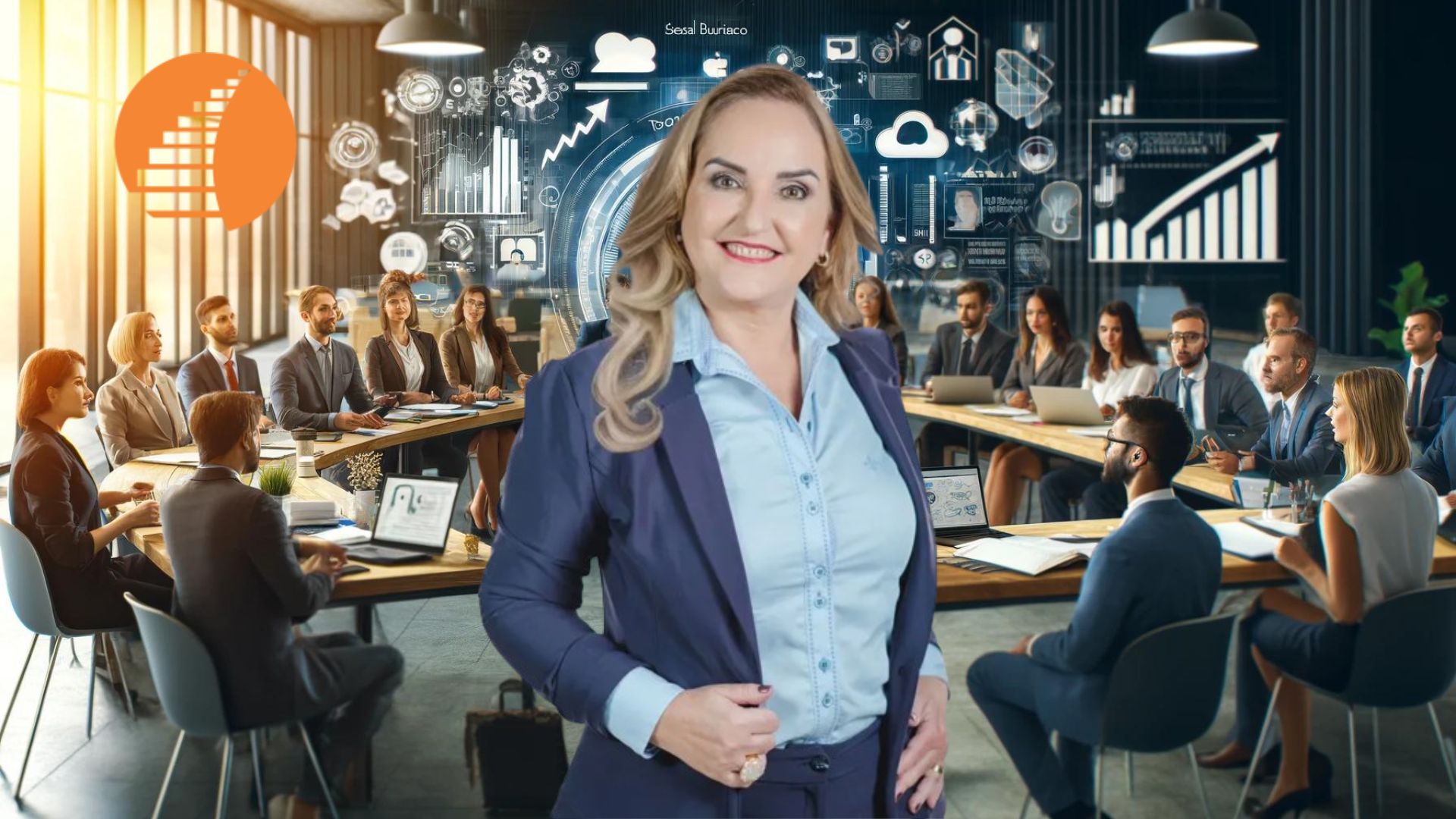 Workshop de Desenvolvimento de Carreira: Suely Buriasco liderando uma sessão dinâmica, com profissionais diversos, engajados e tomando notas. O ambiente é moderno, bem-iluminado, com elementos que sugerem aprendizado contínuo, como livros, laptops e gráficos.