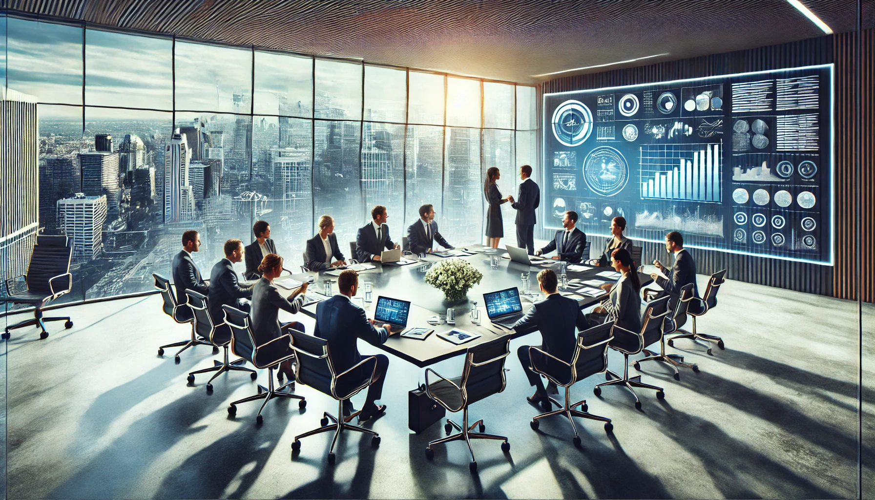 Imagem corporativa de alto impacto mostrando uma reunião de negócios profissional em uma sala de conferências moderna com janelas grandes e vista para a cidade. Executivos de negócios em trajes formais estão envolvidos em uma discussão dinâmica ao redor de uma grande mesa, com gráficos, laptops e documentos abertos.
