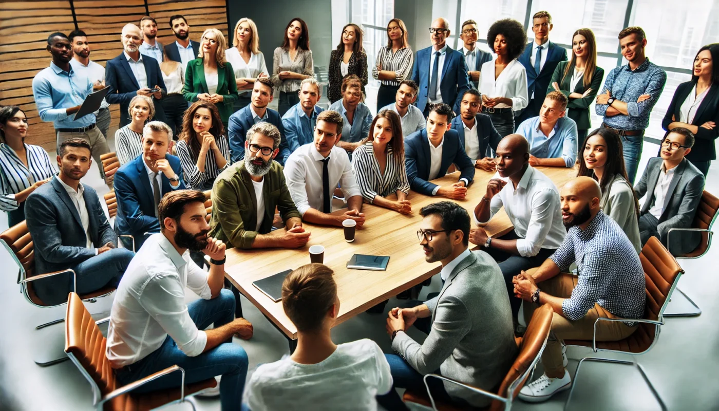 Close-up retangular de um grupo diversificado de líderes homens e mulheres em um ambiente de escritório moderno, engajados em uma discussão colaborativa ao redor de uma mesa de conferência. As expressões dos participantes mostram foco, engajamento e respeito mútuo.
