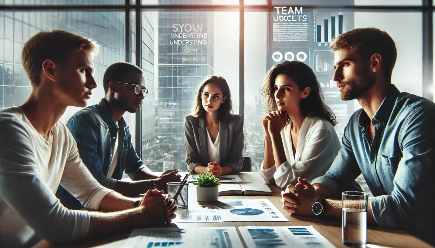 Imagem cinematográfica de close-up de uma equipe diversa de profissionais em um escritório moderno, engajados em uma discussão empática ao redor de uma mesa de conferência. A cena destaca suas expressões e linguagem corporal, enfatizando a colaboração e interação positiva. O escritório é iluminado com luz natural, com grandes janelas mostrando uma paisagem urbana ao fundo. No ambiente, há citações motivacionais e gráficos que ressaltam o sucesso e a harmonia da equipe