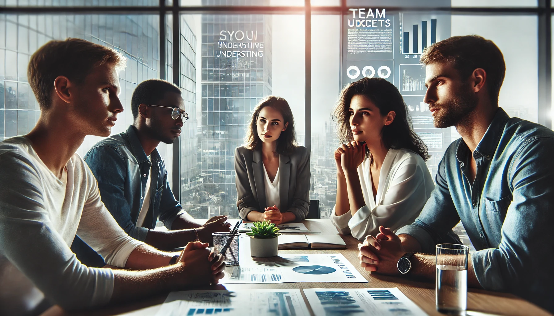 Imagem cinematográfica de close-up de uma equipe diversa de profissionais em um escritório moderno, engajados em uma discussão empática ao redor de uma mesa de conferência. A cena destaca suas expressões e linguagem corporal, enfatizando a colaboração e interação positiva. O escritório é iluminado com luz natural, com grandes janelas mostrando uma paisagem urbana ao fundo. No ambiente, há citações motivacionais e gráficos que ressaltam o sucesso e a harmonia da equipe