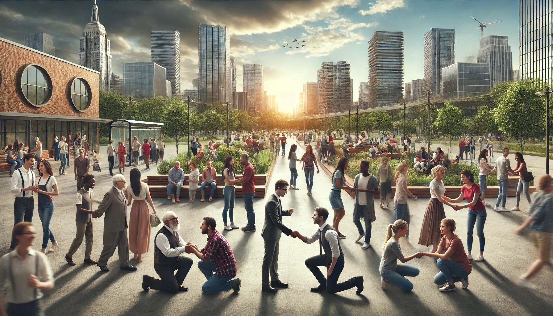Um grupo diverso de pessoas envolvidas em atos de bondade, empatia e solidariedade em um ambiente urbano moderno. As interações incluem ajudar uns aos outros, compartilhar e sorrir juntos, com elementos de fundo como parques, centros comunitários e ruas movimentadas.