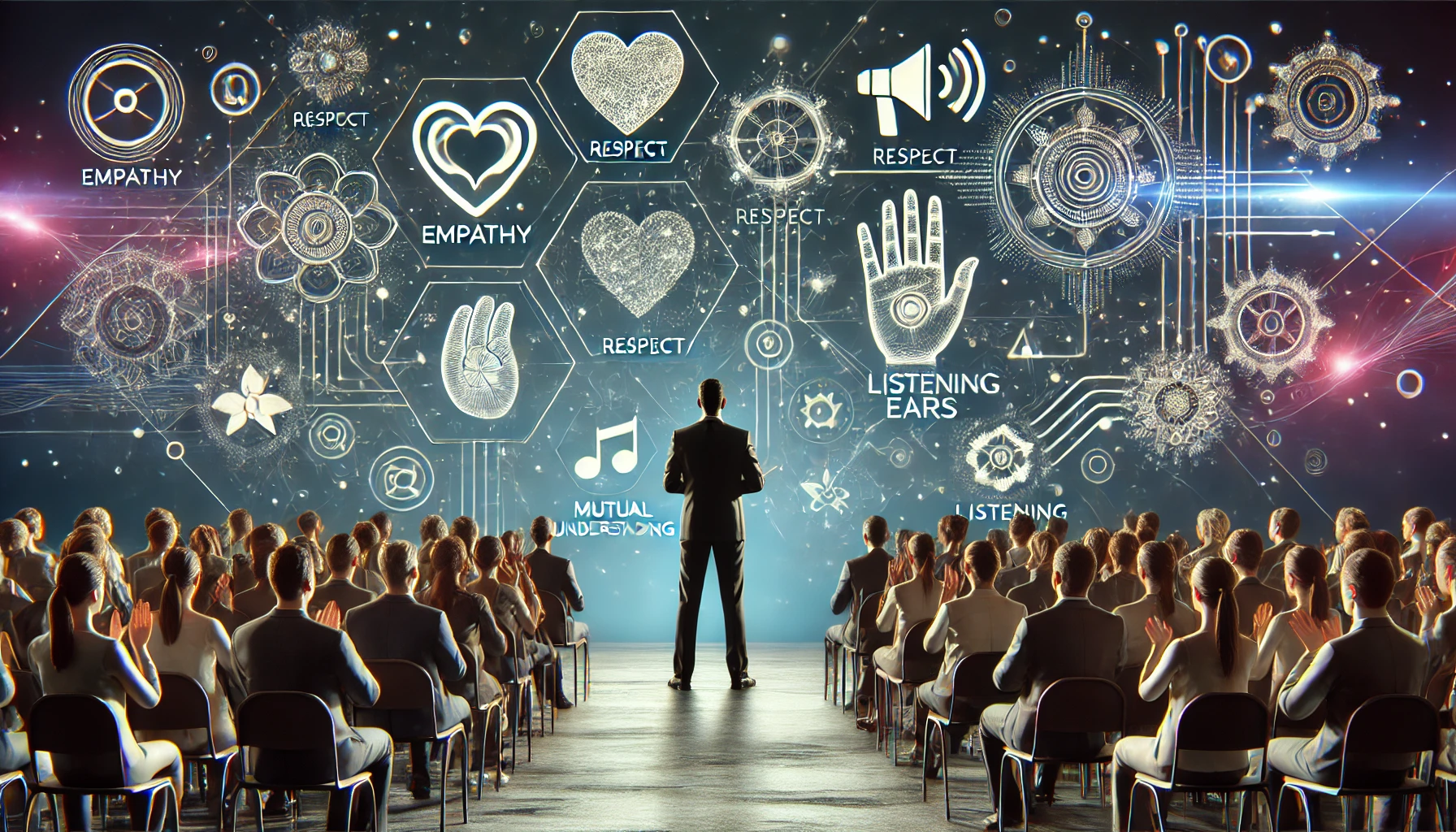 Uma palestrante profissional em um palco, engajando-se com o público. O fundo apresenta elementos visuais que simbolizam empatia e respeito mútuo, como mãos interconectadas, corações e ouvidos atentos. A plateia está atenta, com expressões de interesse e envolvimento.