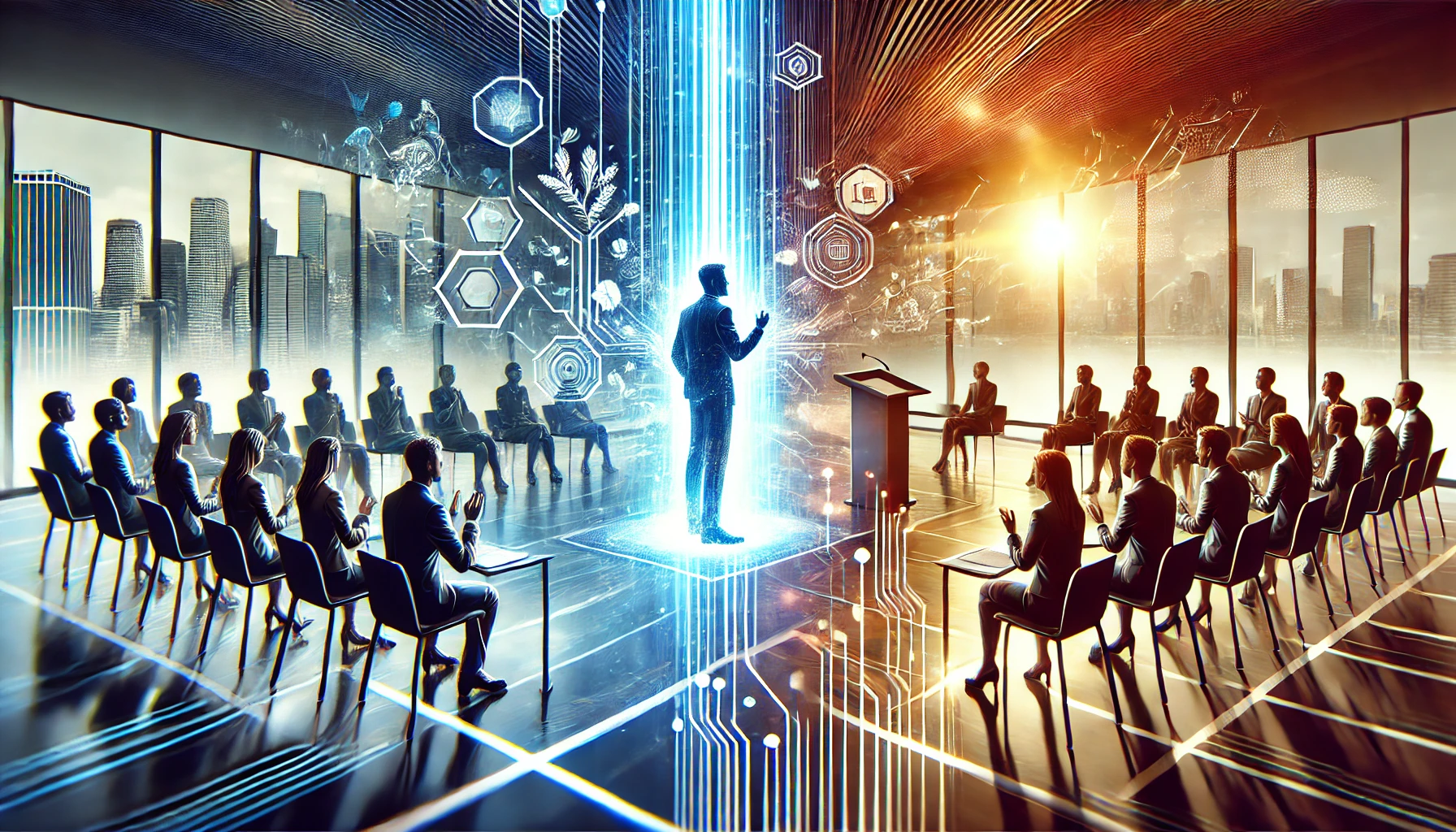 Imagem ultrarrealista e impactante ilustrando técnicas para superar o medo de falar em público. A imagem mostra uma pessoa falando com confiança em frente a uma audiência em uma sala de conferências moderna. Elementos de calma e foco são representados visualmente, com fundos serenos e metáforas visuais como raios de luz ou cores calmantes. A audiência parece engajada e apoiadora, enquanto o orador demonstra confiança e compostura.