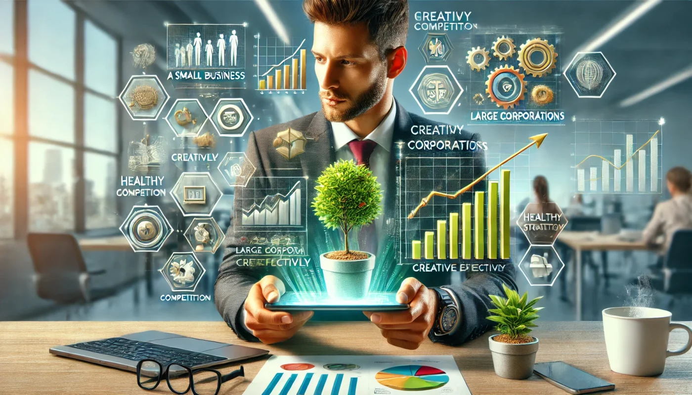 magem detalhada de um empresário usando ferramentas tecnológicas em um escritório moderno, representando a luta de uma pequena empresa contra grandes corporações