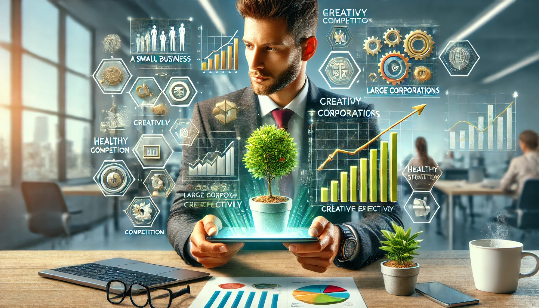 magem detalhada de um empresário usando ferramentas tecnológicas em um escritório moderno, representando a luta de uma pequena empresa contra grandes corporações