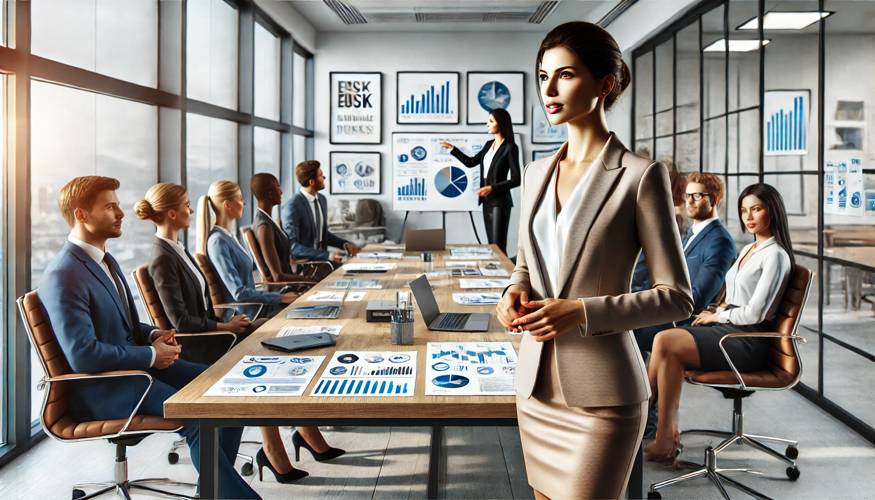 Imagem realista de alto impacto mostrando uma reunião de negócios com foco em uma mulher liderando a discussão. A cena inclui um grupo diversificado de profissionais em um ambiente de escritório moderno, engajados em atividades colaborativas ao redor de uma mesa de conferências. A mulher está bem-vestida, confiante e falando com linguagem corporal aberta. Elementos como gráficos, infográficos e laptops estão visíveis na mesa. O fundo inclui pôsteres motivacionais e decoração moderna de escritório, com uma paleta de cores profissionais em tons de azul, cinza e branco