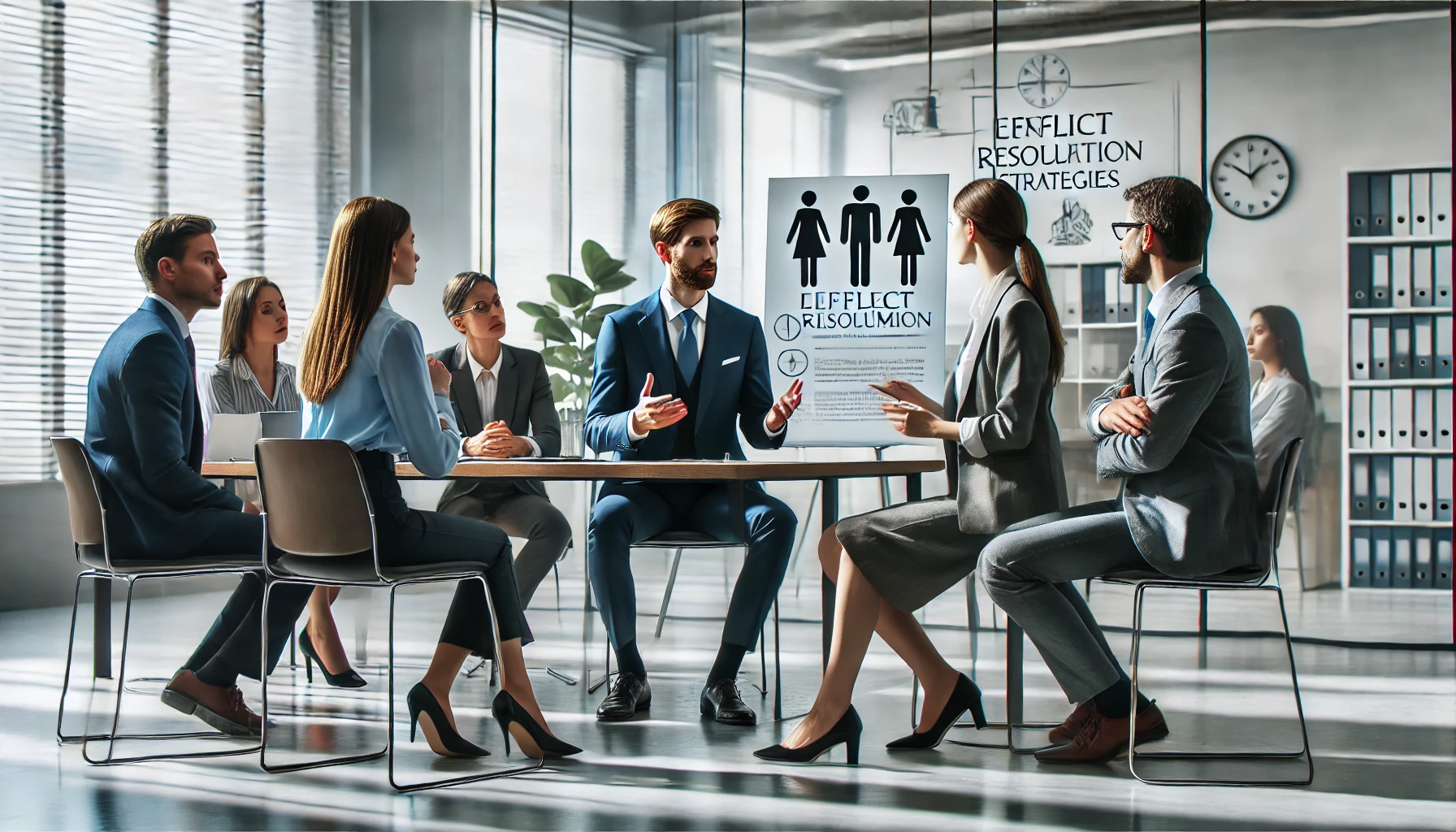 Imagem realista de alto impacto mostrando a gestão eficaz e humana de conflitos em um ambiente corporativo. A cena inclui um grupo diversificado de profissionais em um escritório moderno. Um mediador, bem-vestido e calmo, facilita a discussão entre dois colegas que estão em desacordo. O mediador usa linguagem corporal aberta e gestos para promover o entendimento. O fundo inclui um quadro branco com estratégias de resolução de conflitos e decoração moderna de escritório, com uma paleta de cores profissionais em tons de azul, cinza e branco.