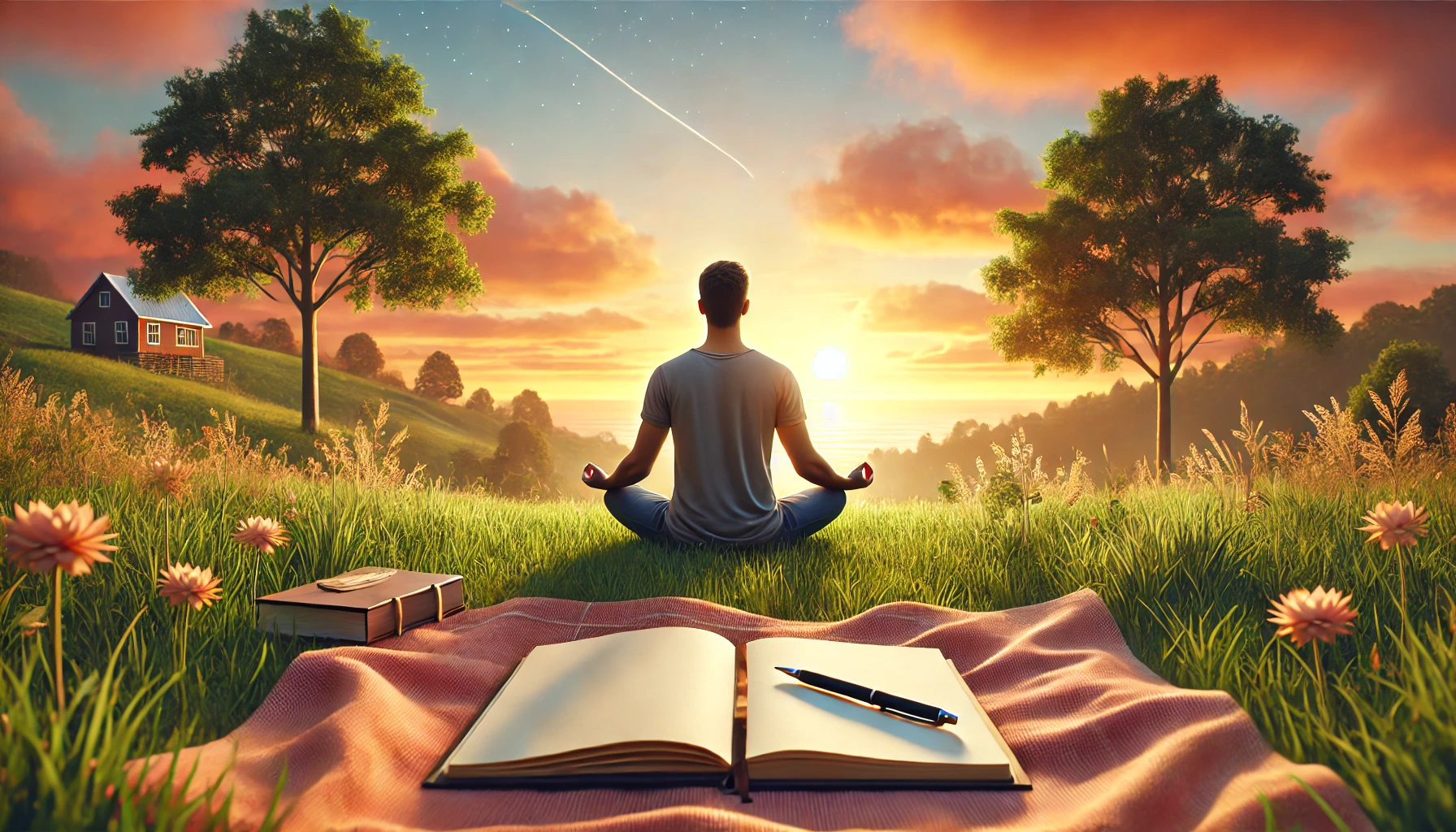 Pessoa meditando ao ar livre em uma colina gramada durante o nascer do sol, com um diário e uma caneta ao lado.