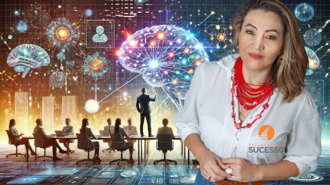 A imagem apresenta uma cena ultrarrealista onde um líder está guiando uma equipe diversa em um ambiente de escritório moderno. Elementos visuais de atividade cerebral e conexões neurais estão integrados na cena, simbolizando o impacto da neuroliderança na dinâmica de gestão. Ao fundo, interfaces digitais e visualizações de dados reforçam a abordagem inovadora e científica da neuroliderança. Com cores vibrantes e uma composição dinâmica, a imagem captura a atenção e comunica o poder transformador da neuroliderança na melhoria da gestão de pessoas e no desempenho eficaz das equipes.